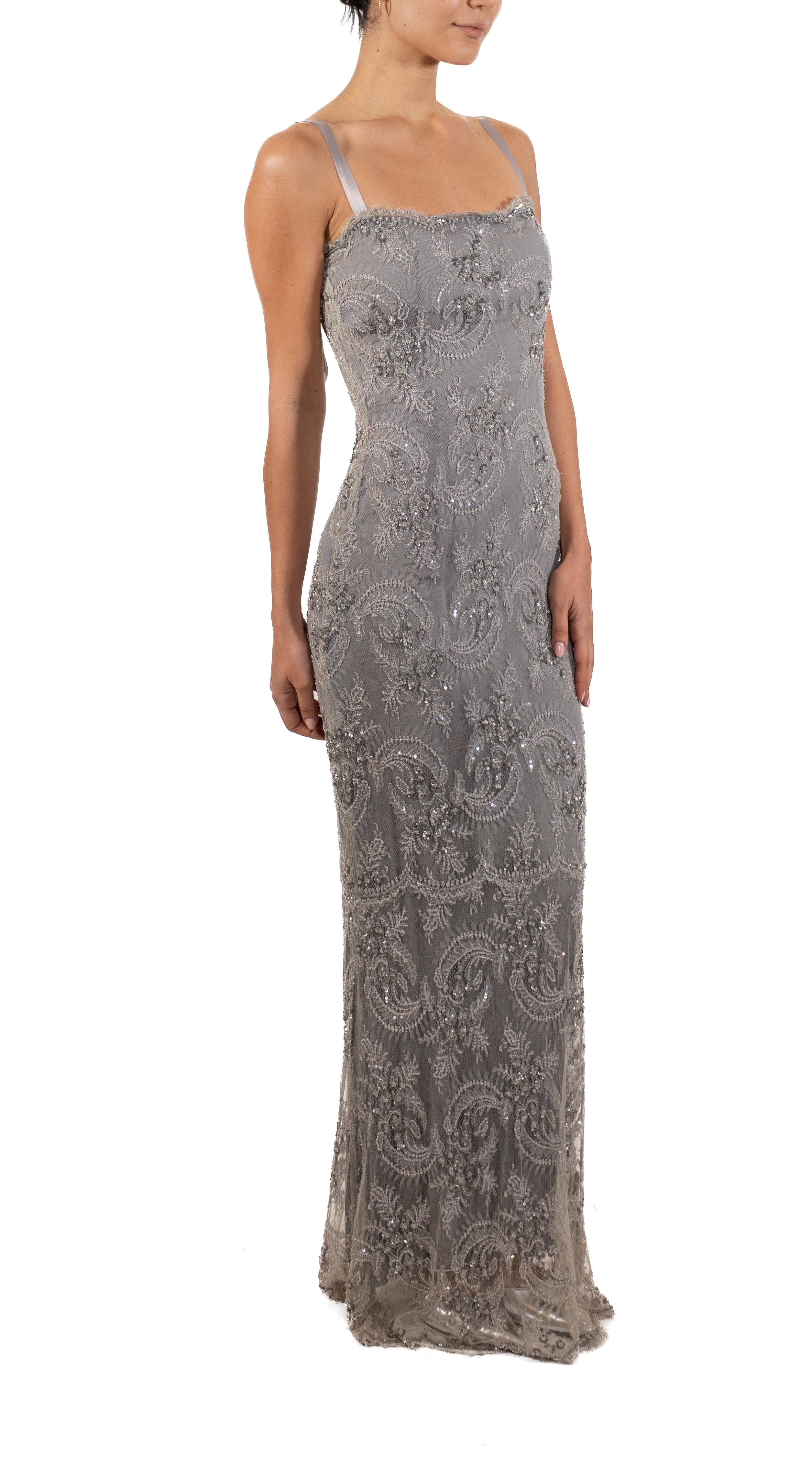 1990S Silver Hand Beaded Rayon & Silk Chantilly Lace Gown For Sale 3