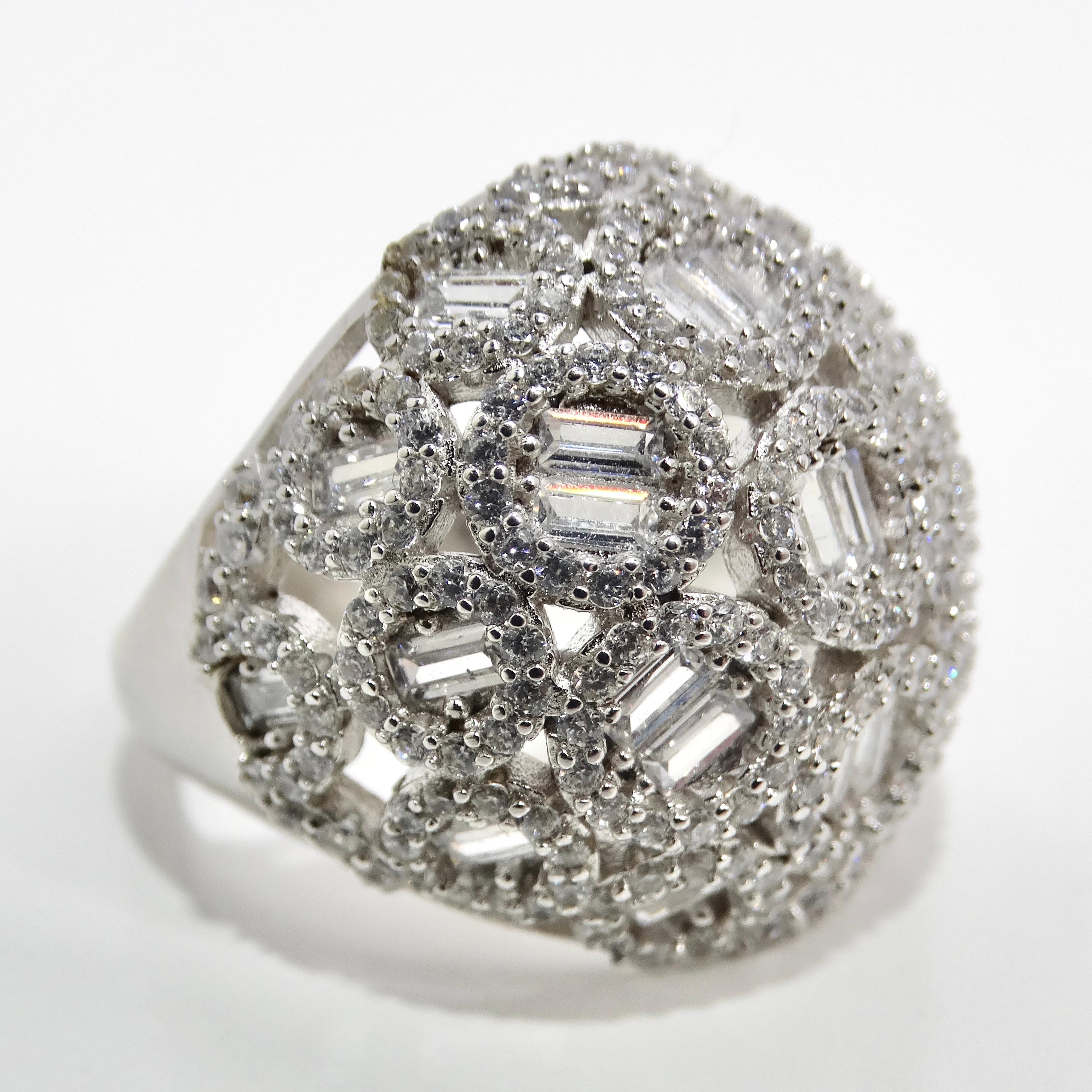 Baguette Cut 1990s Silver Swarovski Crystal Dome Ring For Sale