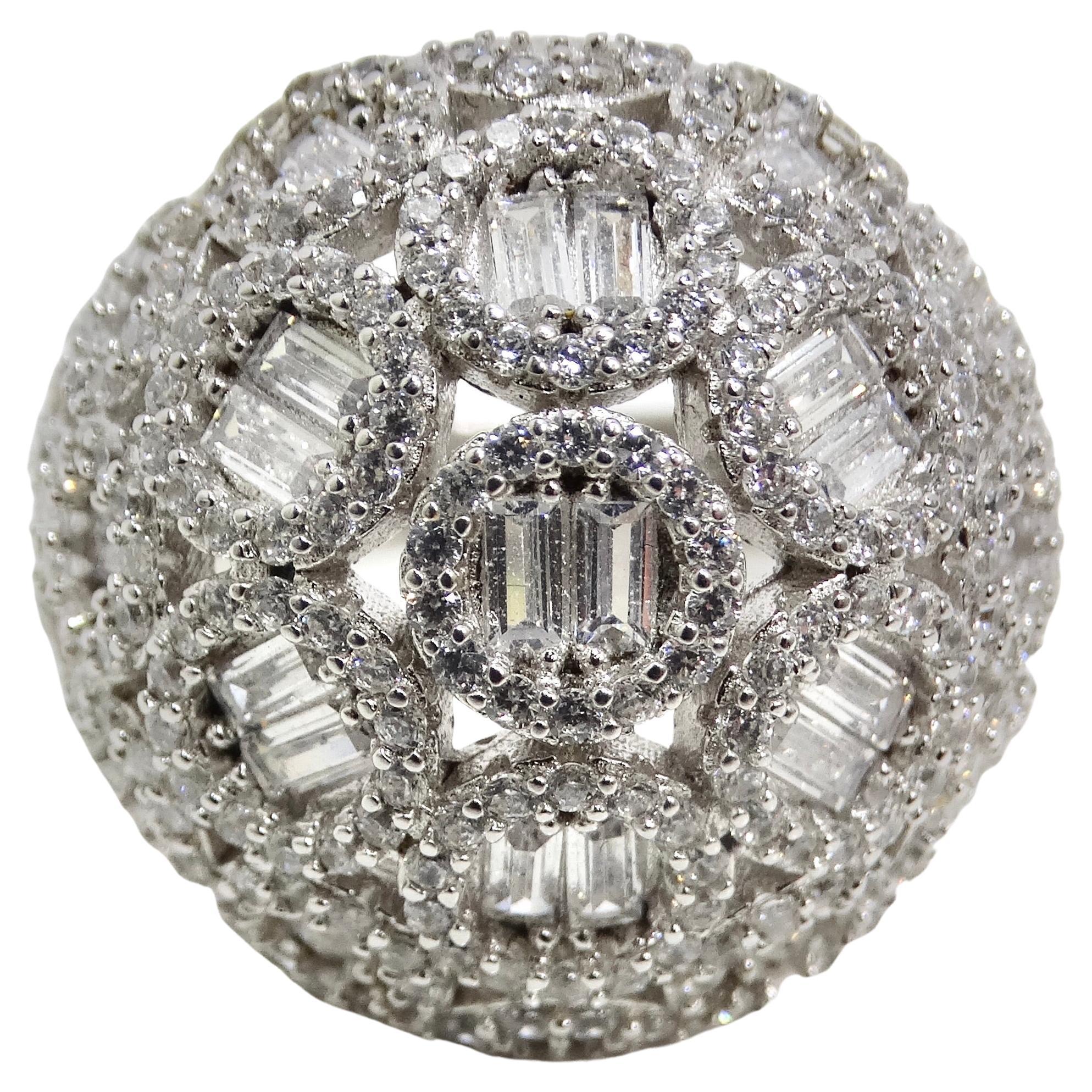 1990s Silver Swarovski Crystal Dome Ring For Sale