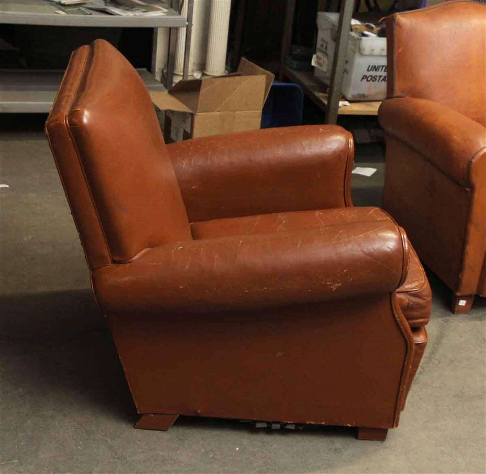 Late 20th Century 1990s Single French Leather Club Chair with a Studded Back and Wooden Feet