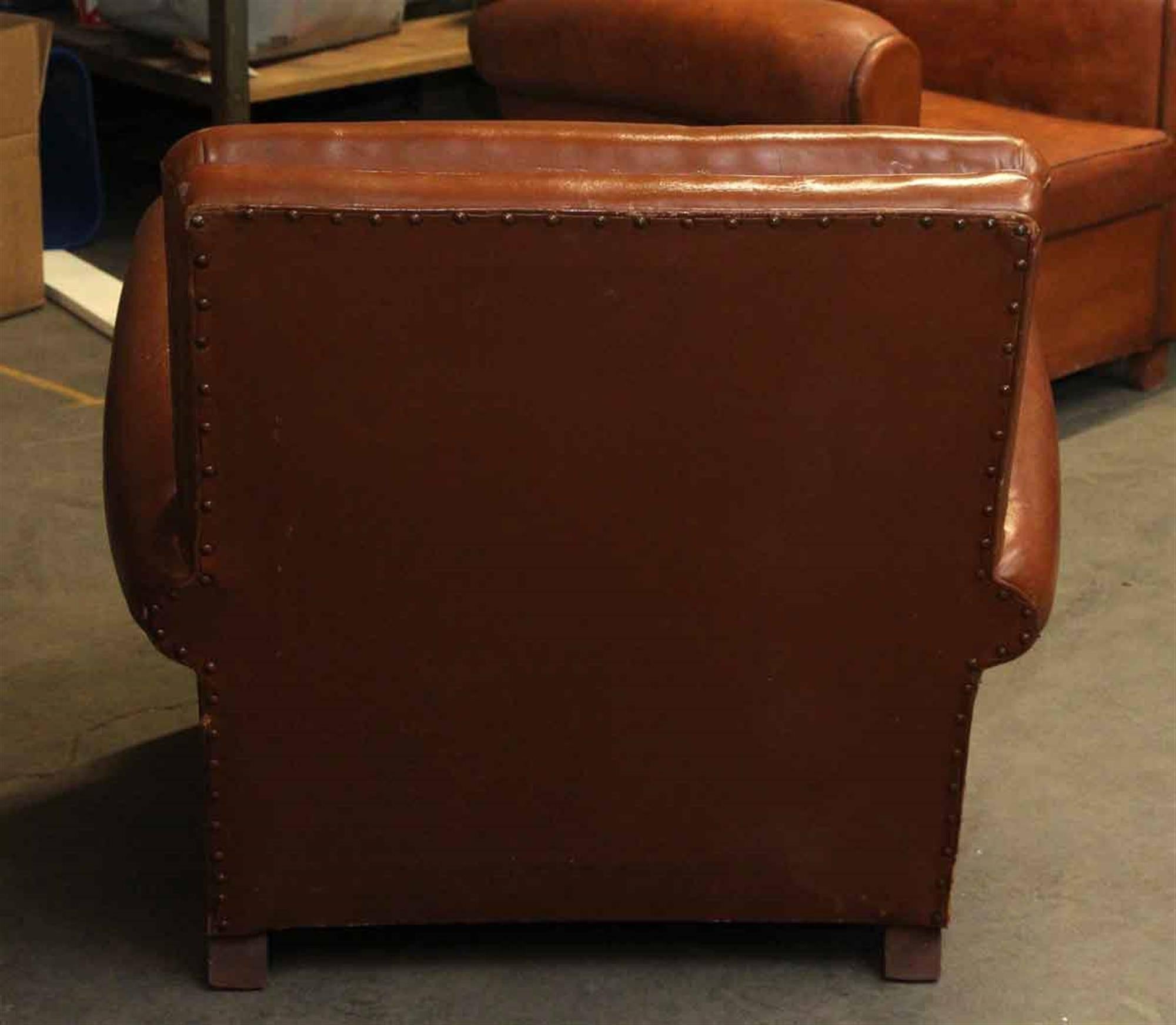 1990s Single French Leather Club Chair with a Studded Back and Wooden Feet 1