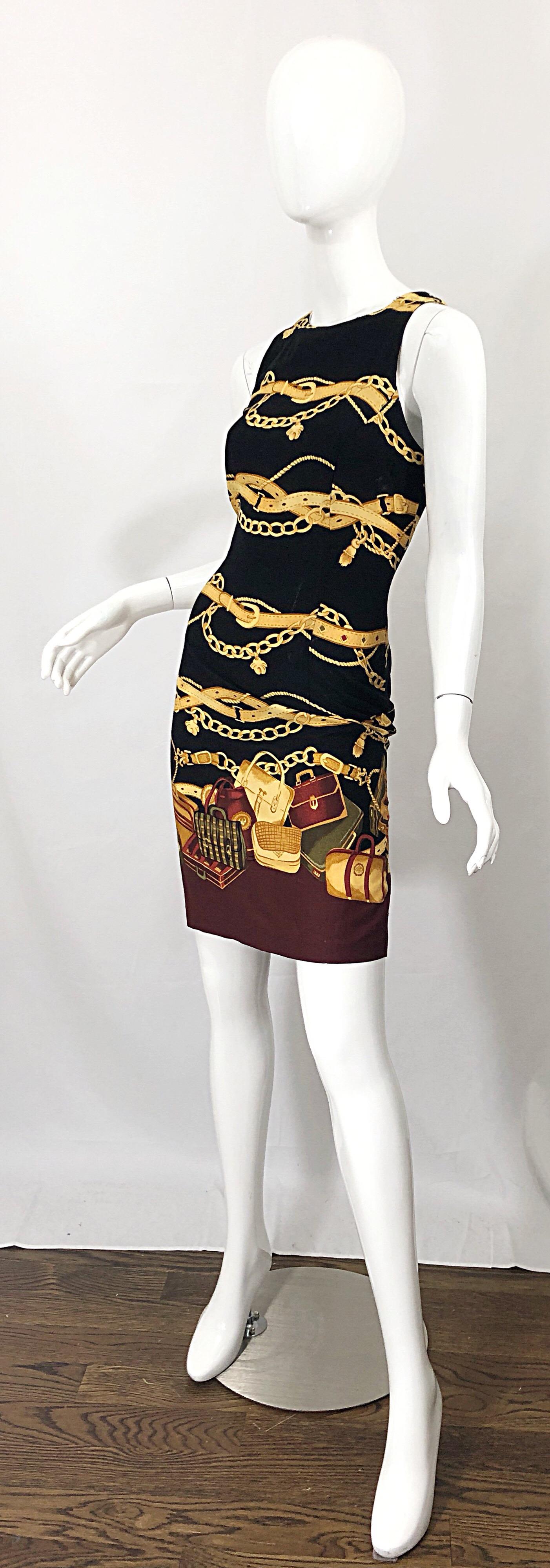 1990s Size 6 / 8 Novelty Purse + Belt + Chains Print Rayon Open Back 90s Dress 5