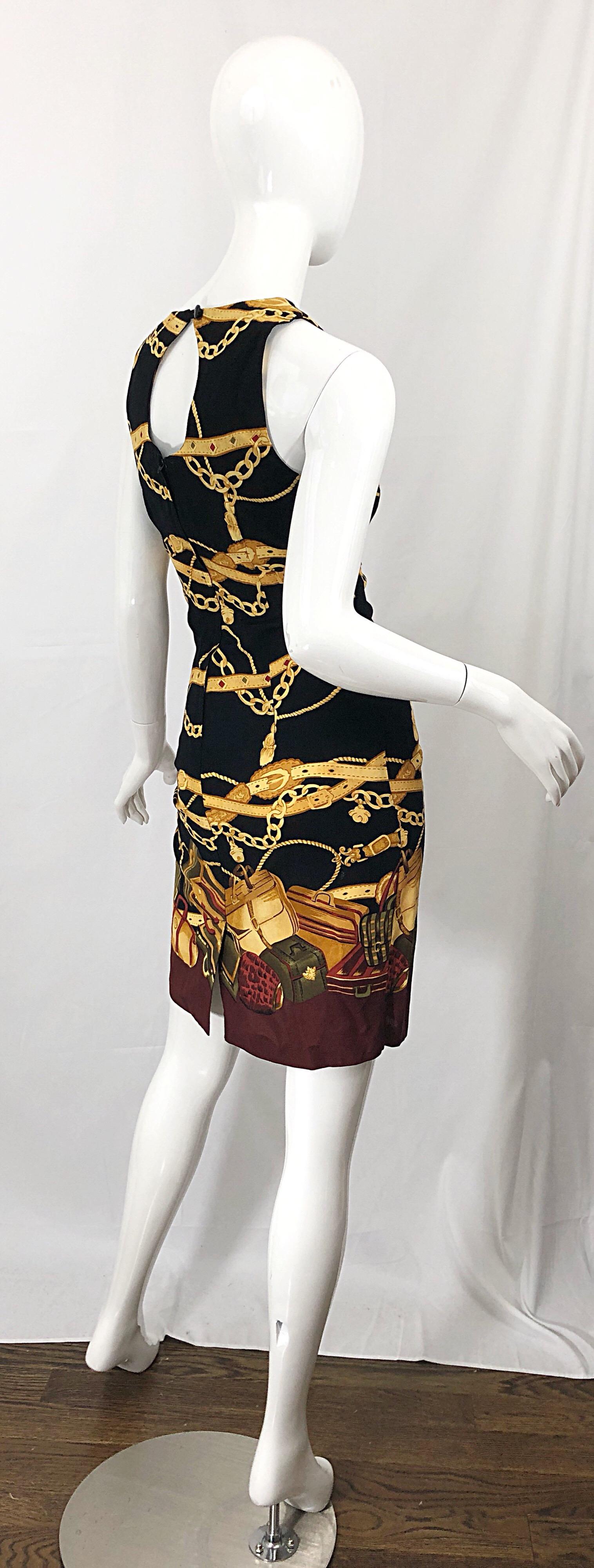 1990s Size 6 / 8 Novelty Purse + Belt + Chains Print Rayon Open Back 90s Dress 6