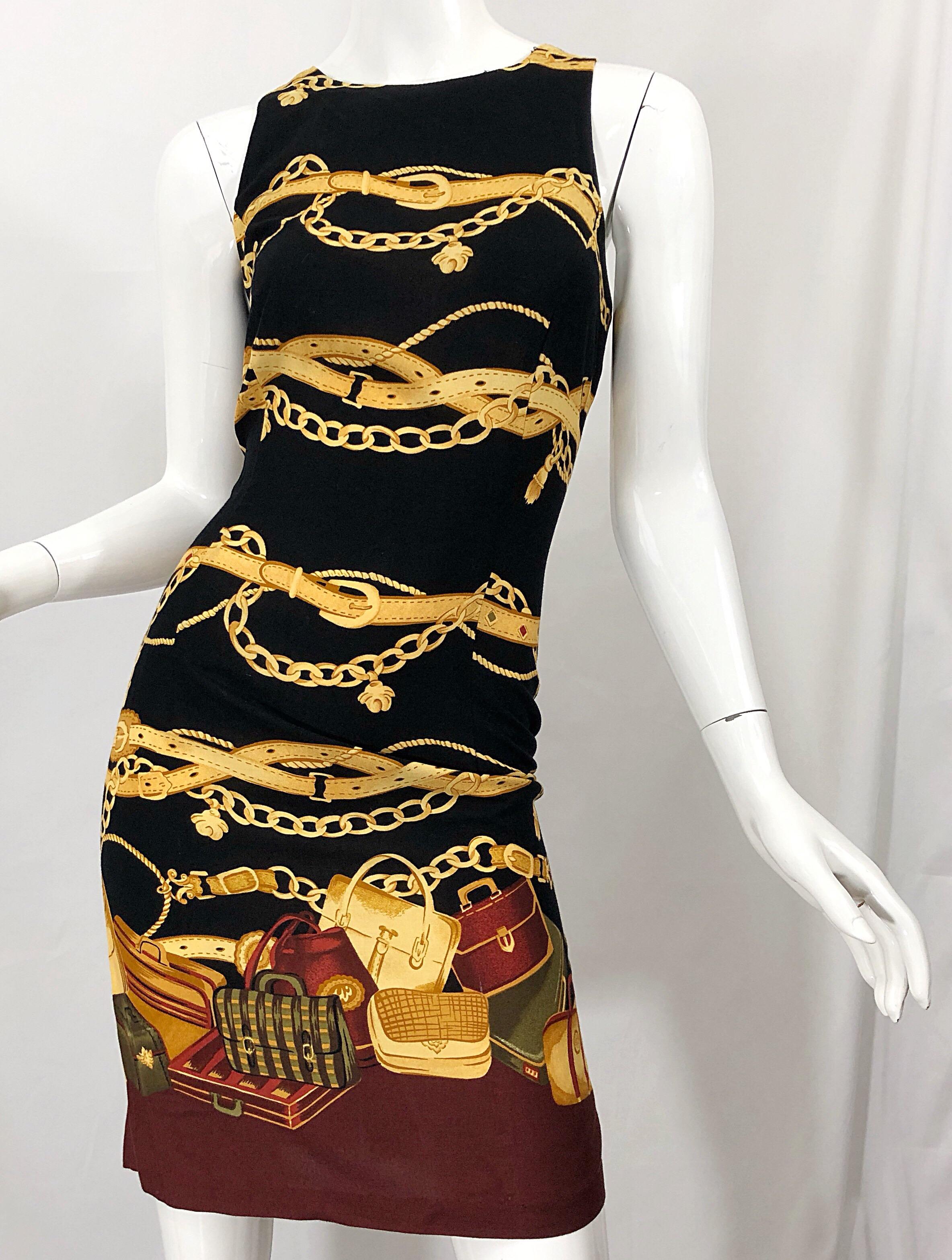 1990s Size 6 / 8 Novelty Purse + Belt + Chains Print Rayon Open Back 90s Dress 7