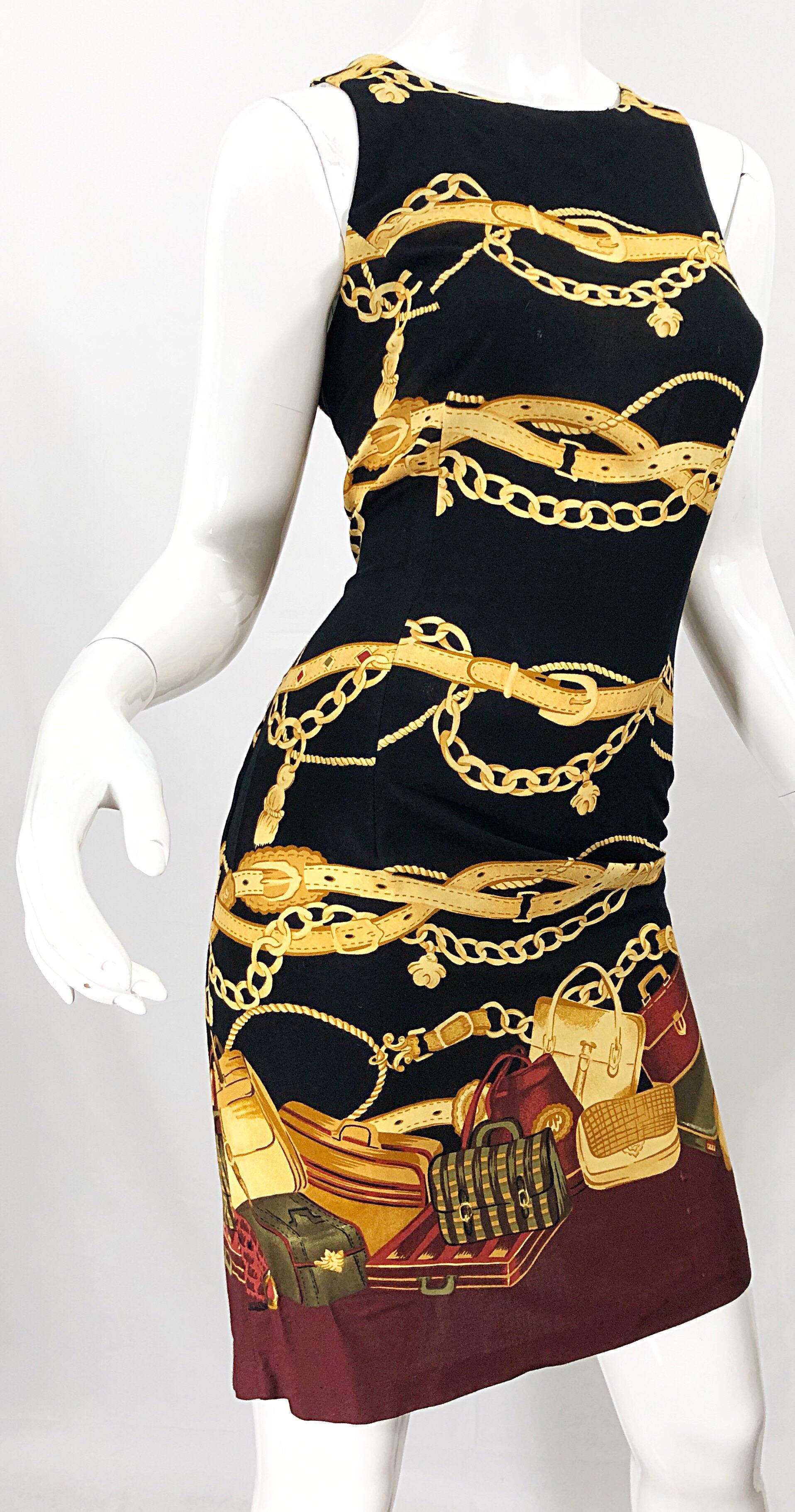 1990s Size 6 / 8 Novelty Purse + Belt + Chains Print Rayon Open Back 90s Dress 8
