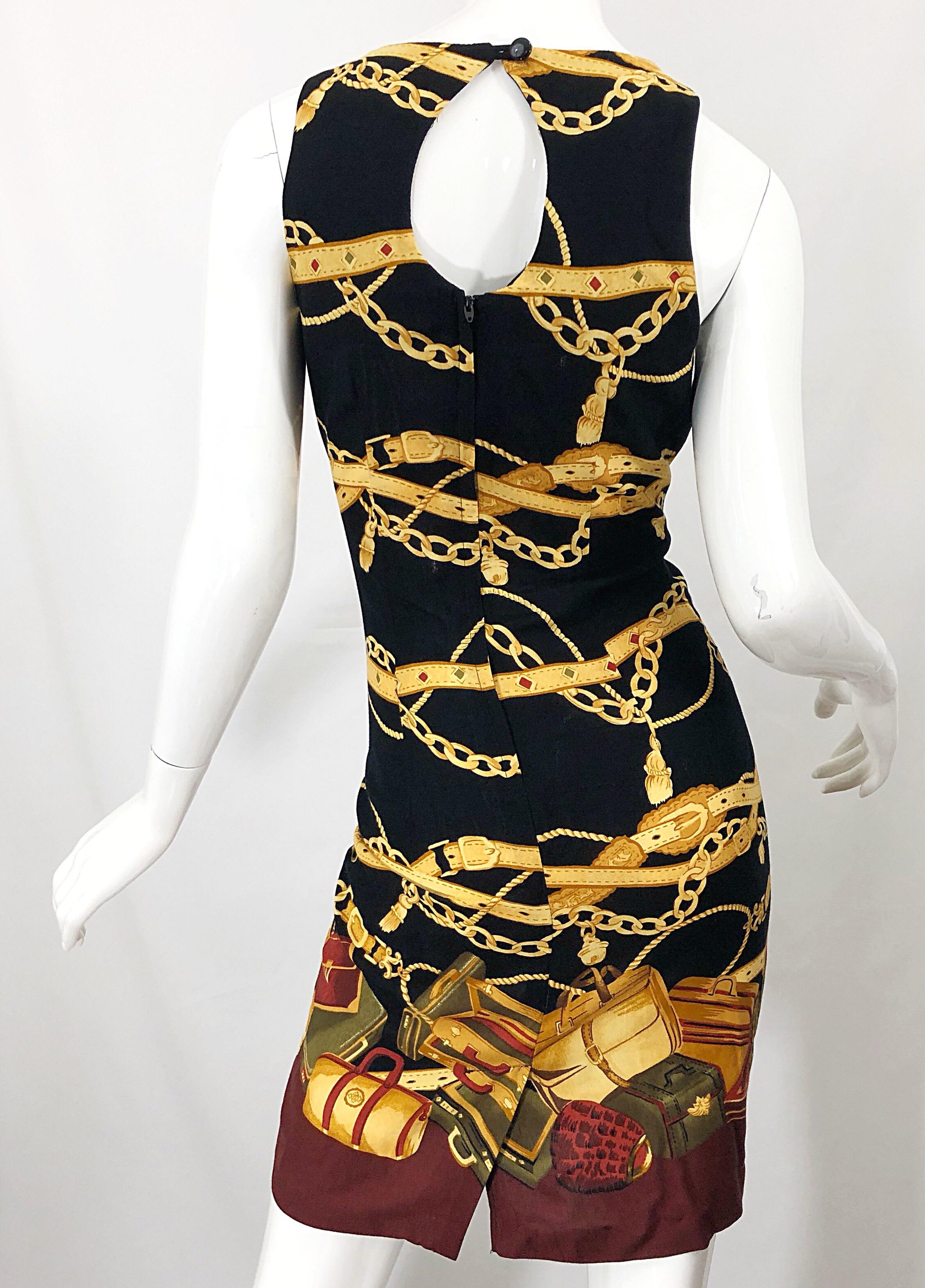 1990s Size 6 / 8 Novelty Purse + Belt + Chains Print Rayon Open Back 90s Dress 9