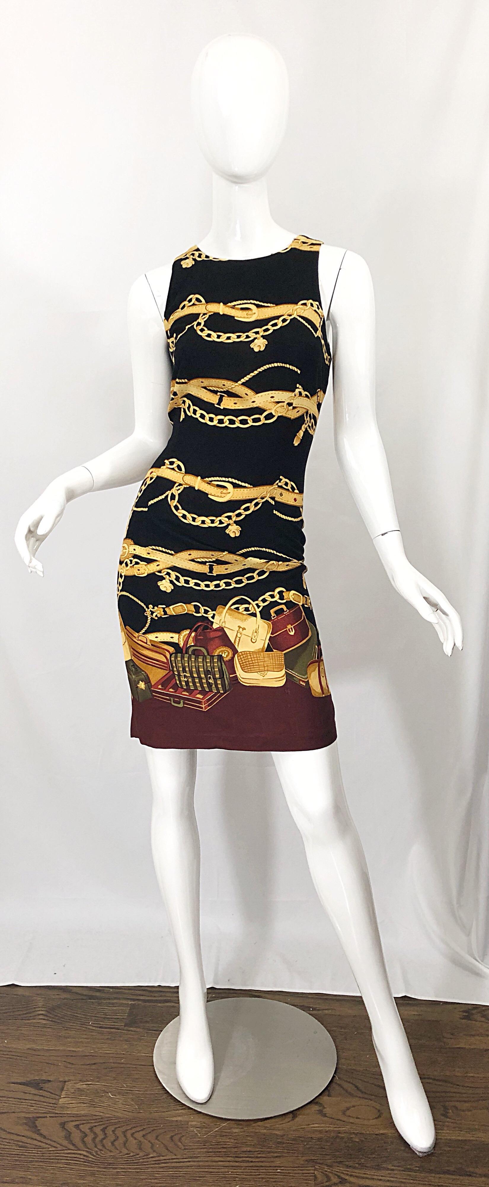 1990s Size 6 / 8 Novelty Purse + Belt + Chains Print Rayon Open Back 90s Dress 10
