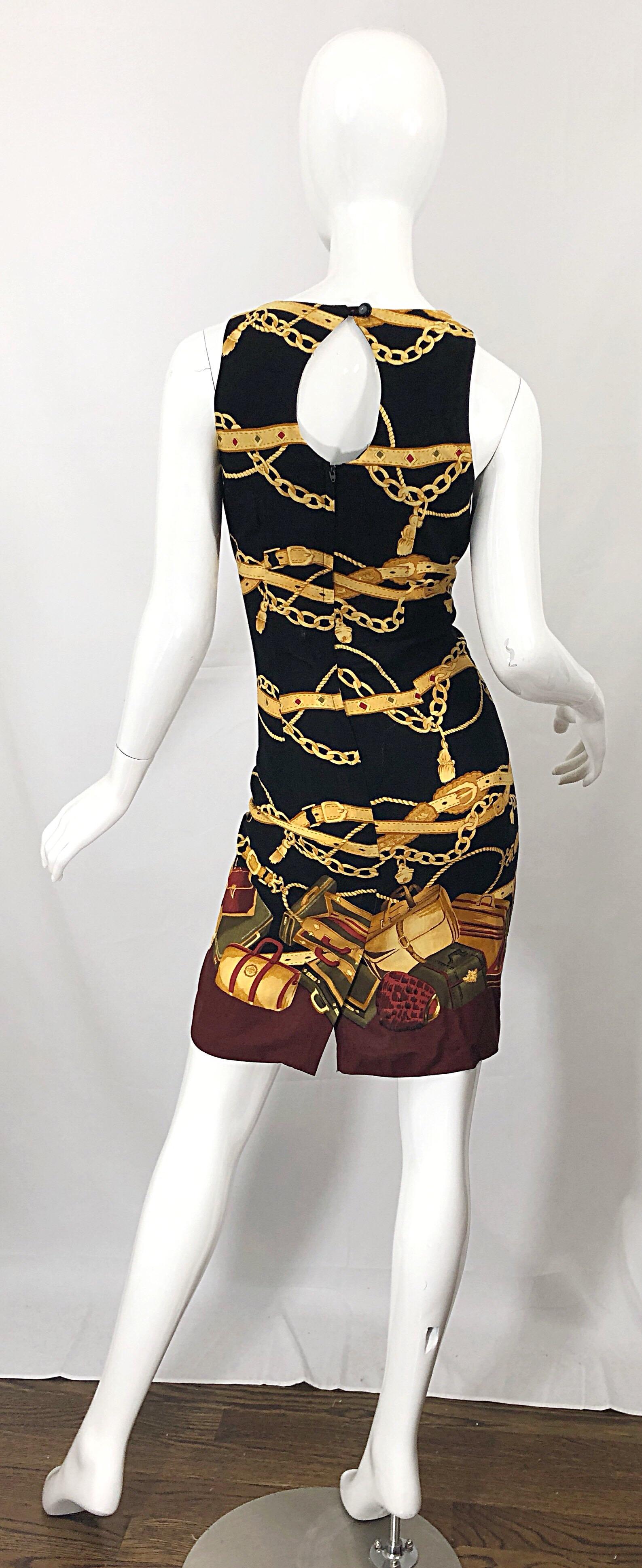 Amazing 1990s Size 6 / 8 novelty print chains + belts + bags open back rayon dress! Features a black background with gold chains and belts draped across. Purses / handbags printed at the hem with warm tones of maroon and browns. Hidden zipper up the