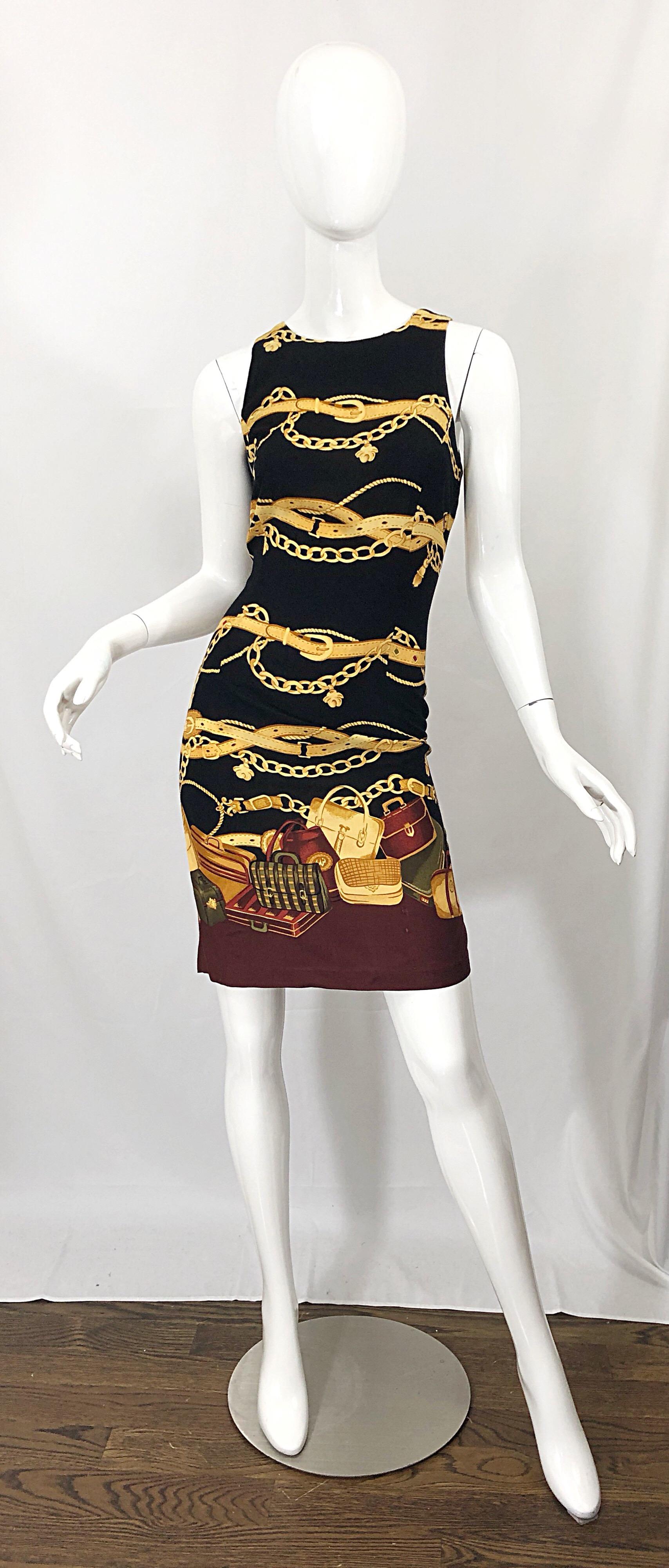 Black 1990s Size 6 / 8 Novelty Purse + Belt + Chains Print Rayon Open Back 90s Dress
