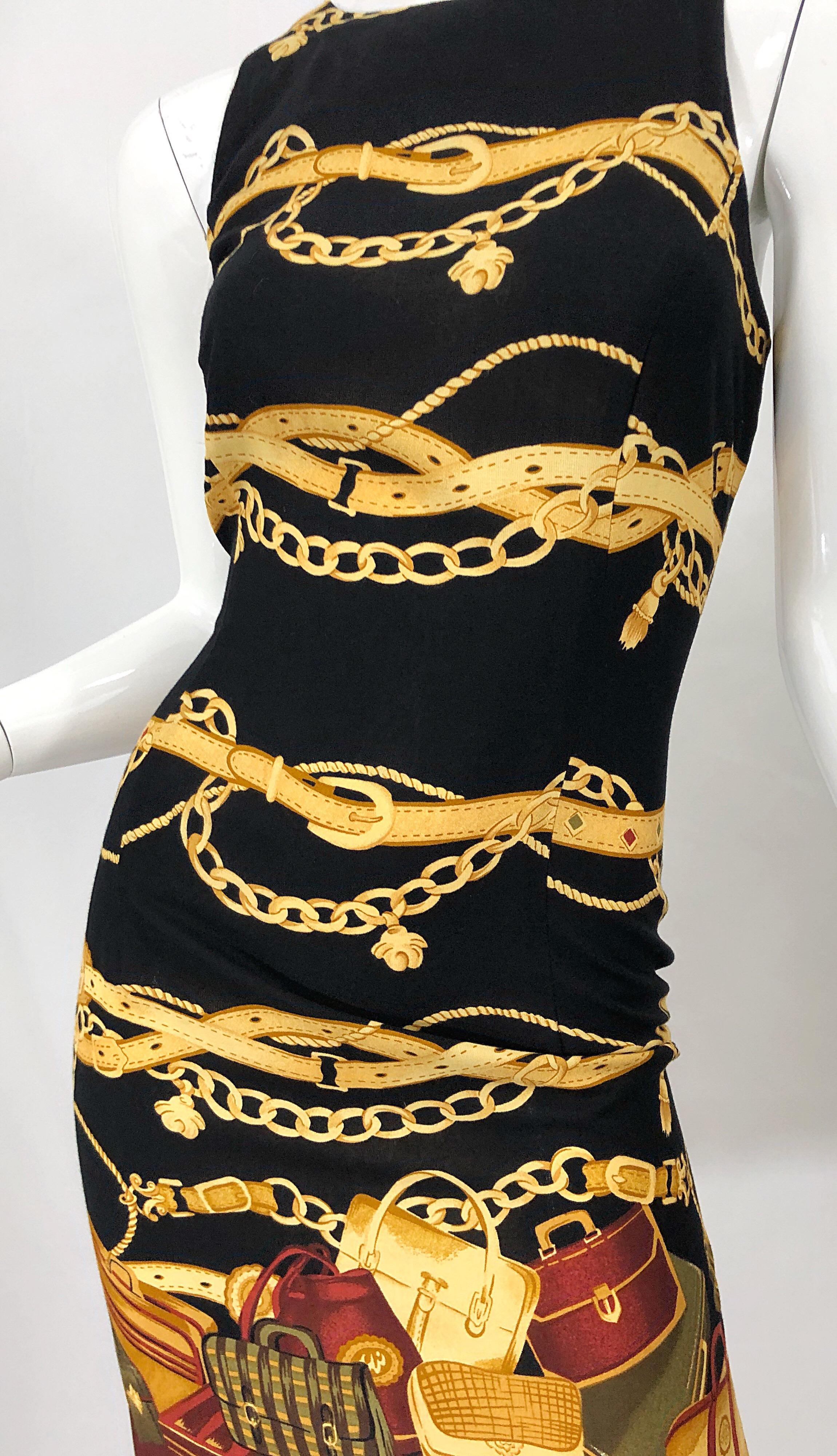 Women's 1990s Size 6 / 8 Novelty Purse + Belt + Chains Print Rayon Open Back 90s Dress