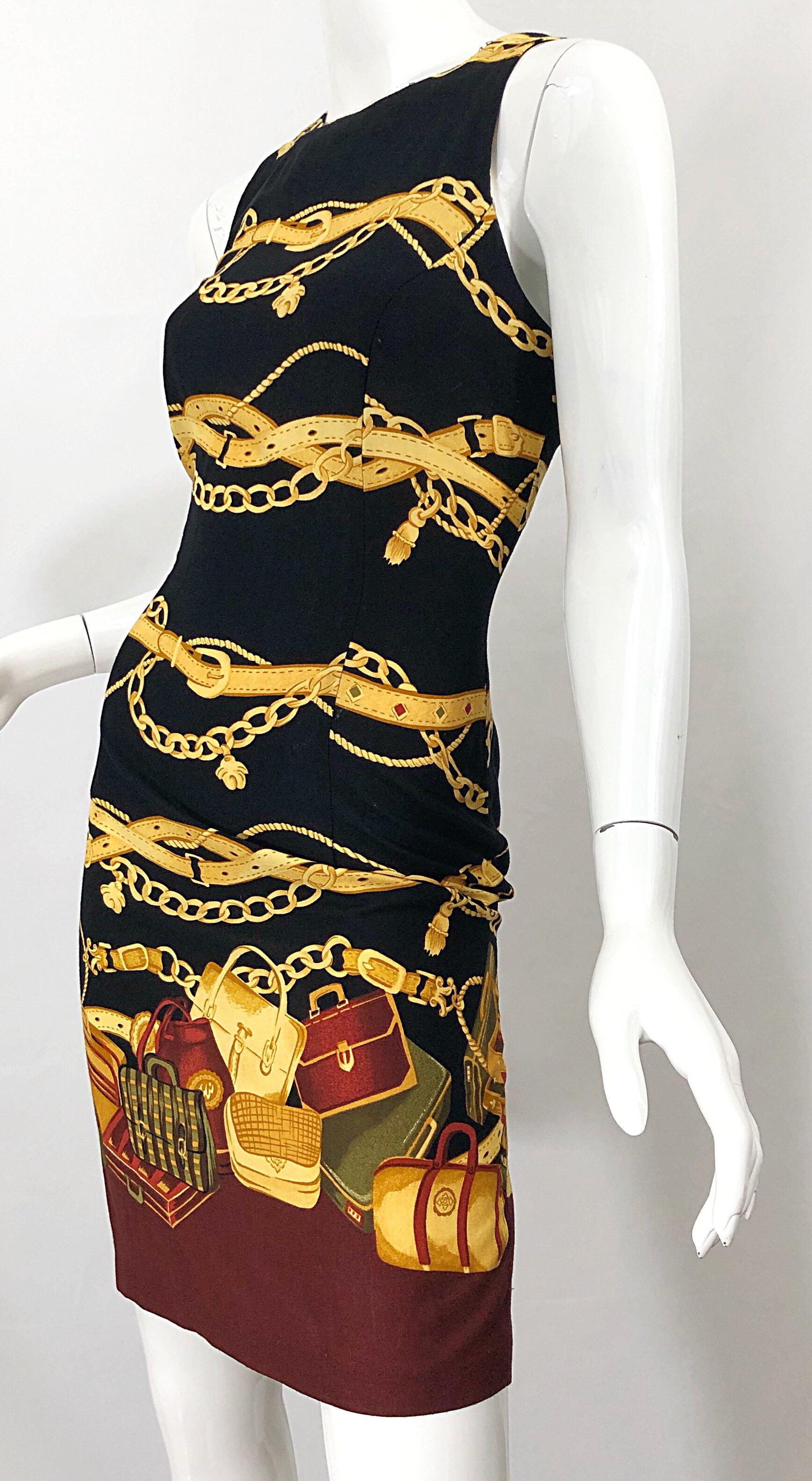 1990s Size 6 / 8 Novelty Purse + Belt + Chains Print Rayon Open Back 90s Dress 1