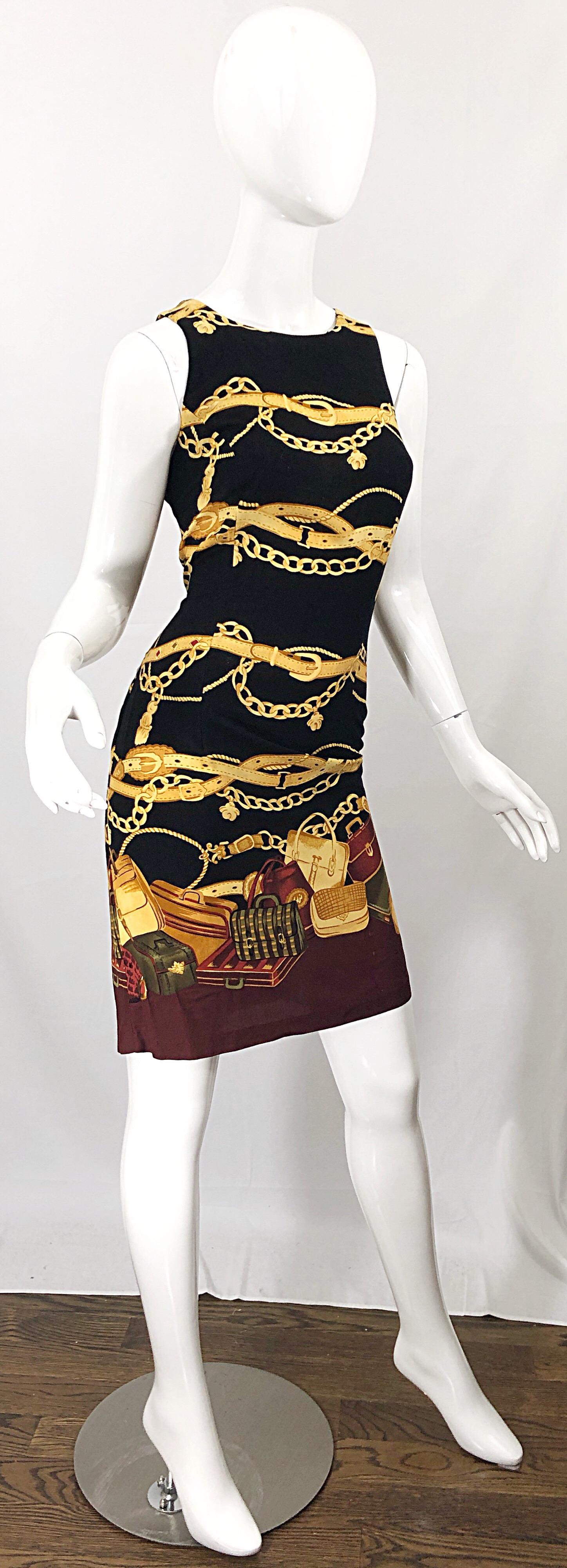 1990s Size 6 / 8 Novelty Purse + Belt + Chains Print Rayon Open Back 90s Dress 2