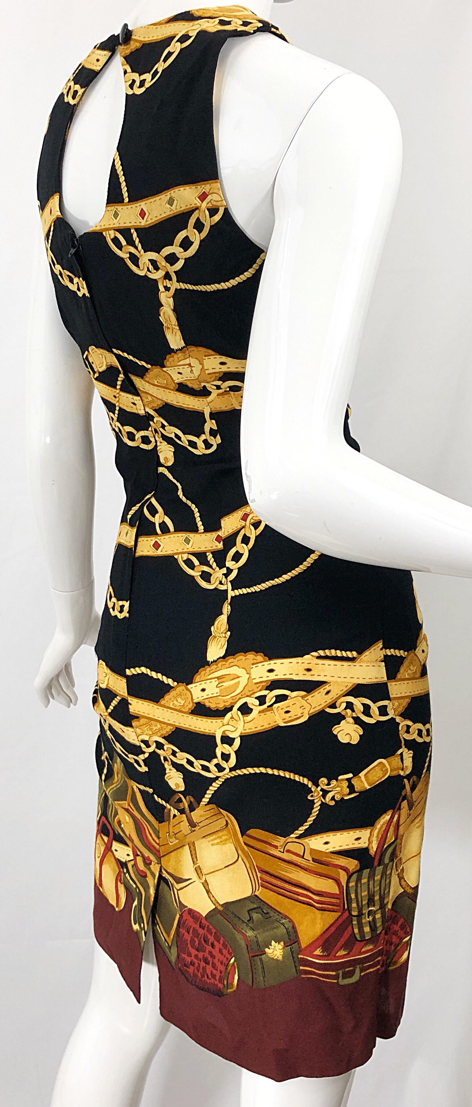 1990s Size 6 / 8 Novelty Purse + Belt + Chains Print Rayon Open Back 90s Dress 3