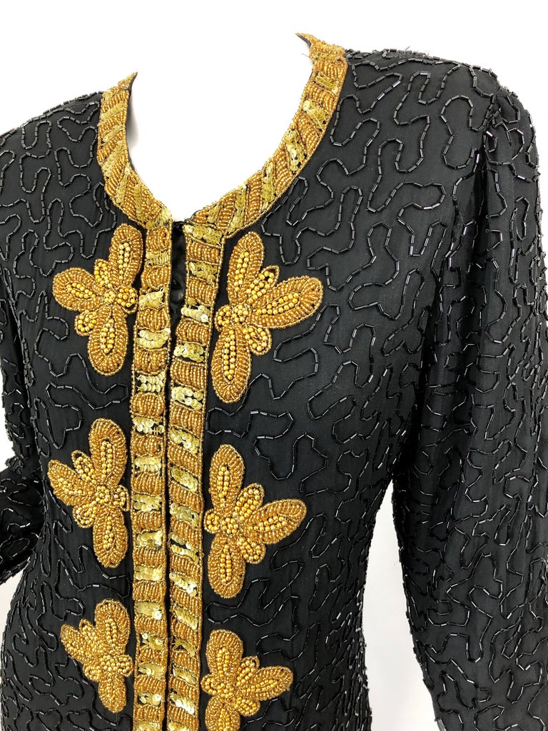 1990s Size Large Black and Gold Beaded Vintage Silk Chiffon 90s Jacket Top For Sale 6