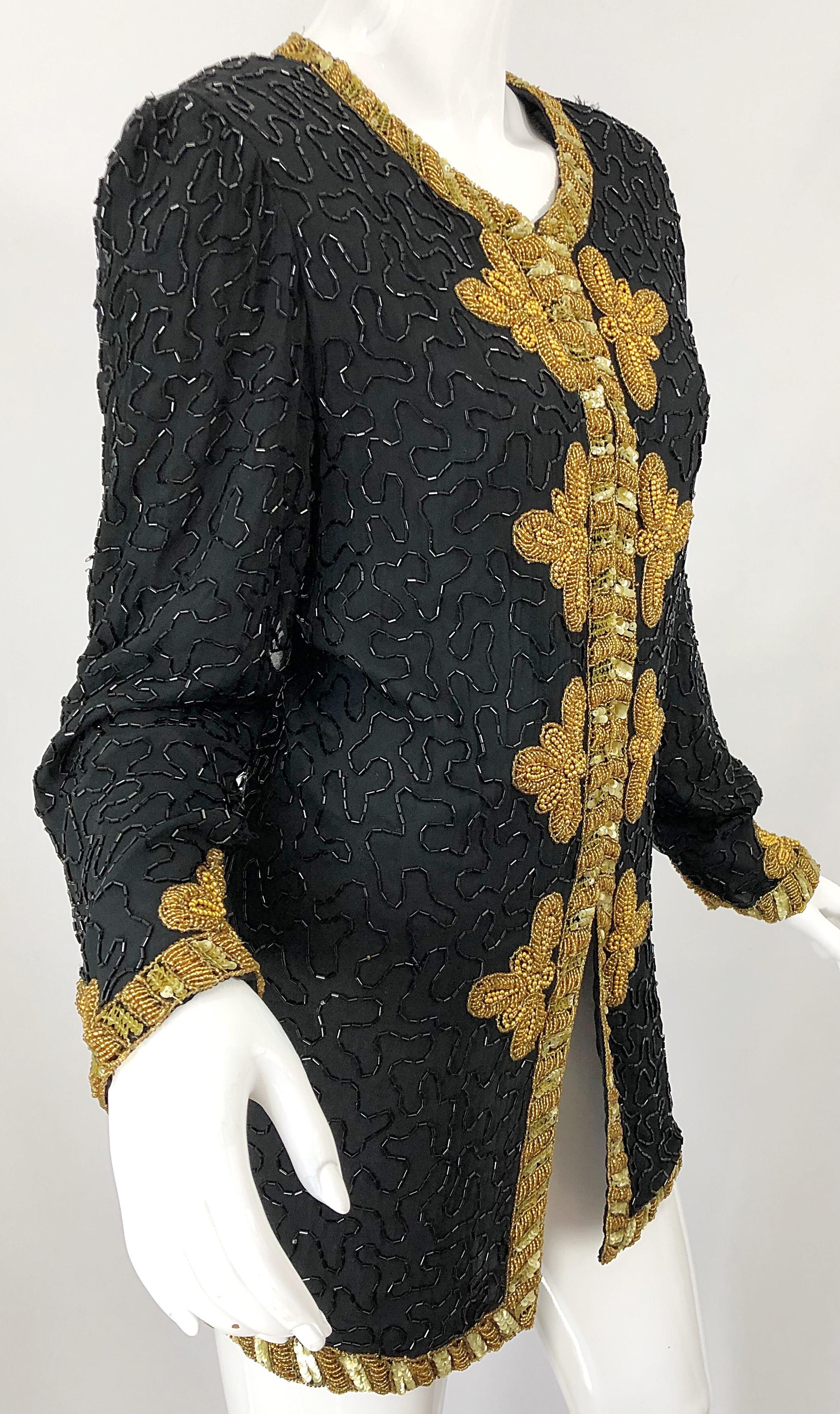 1990s Size Large Black and Gold Beaded Vintage Silk Chiffon 90s Jacket Top 7
