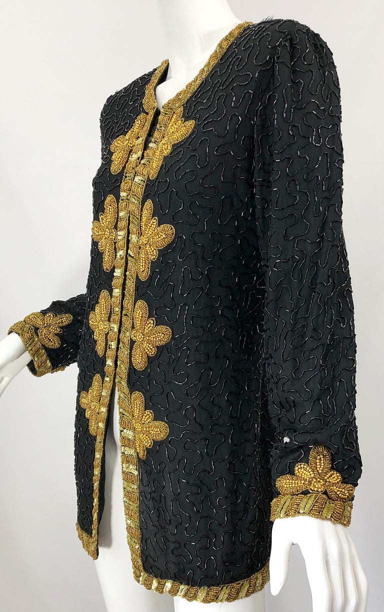 1990s Size Large Black and Gold Beaded Vintage Silk Chiffon 90s Jacket Top For Sale 8