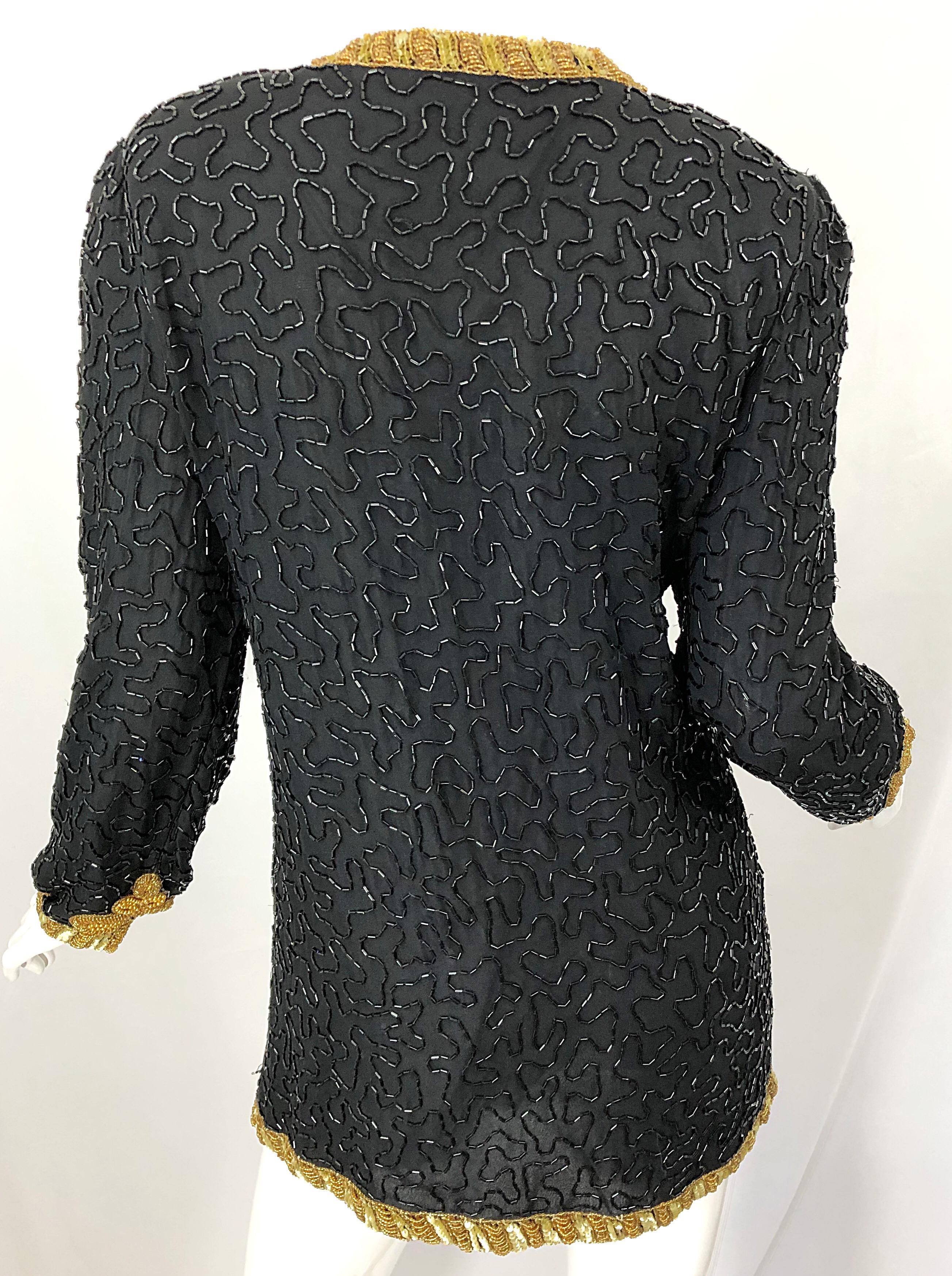 1990s Size Large Black and Gold Beaded Vintage Silk Chiffon 90s Jacket Top 9