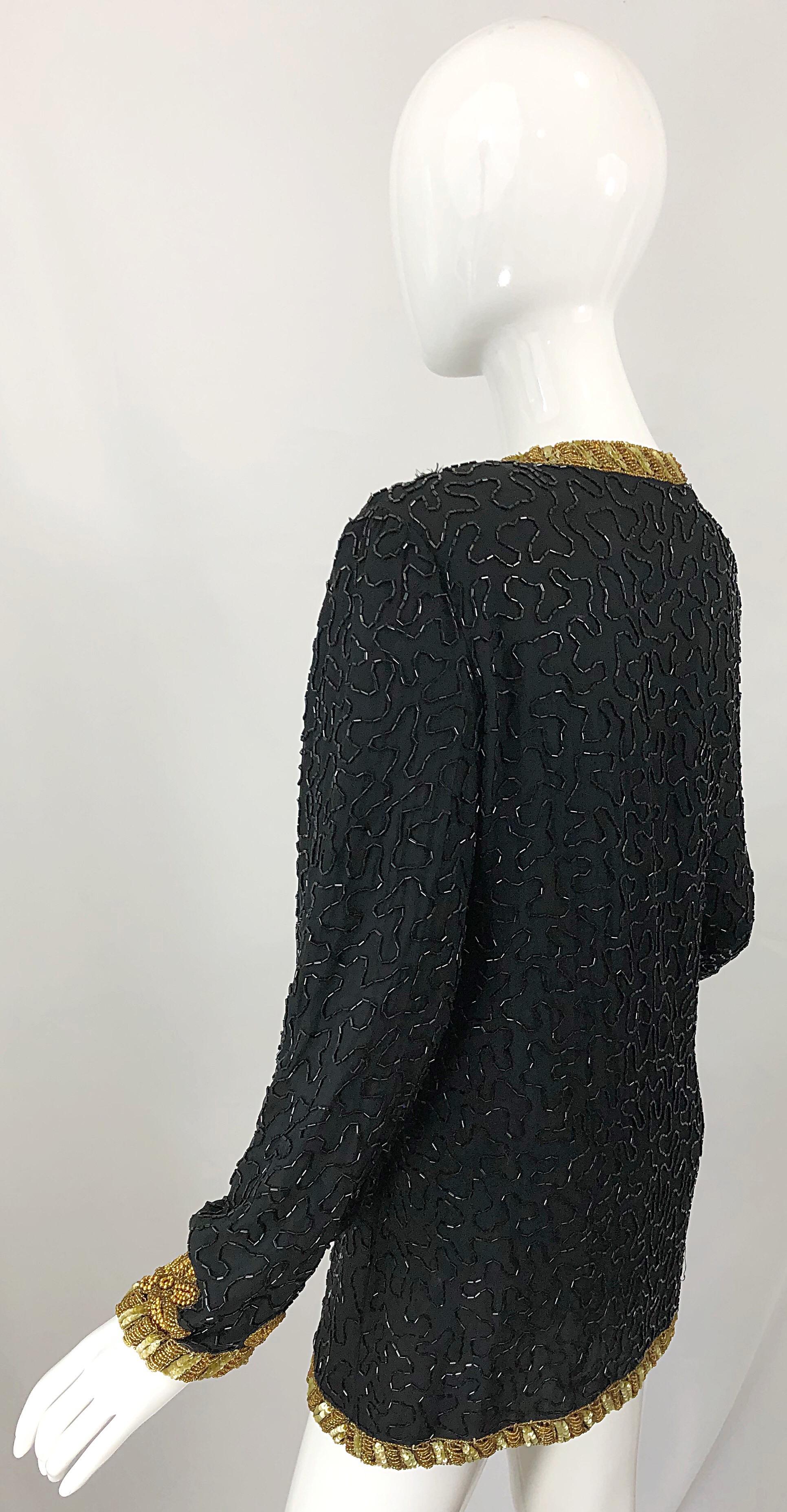 1990s Size Large Black and Gold Beaded Vintage Silk Chiffon 90s Jacket Top 10
