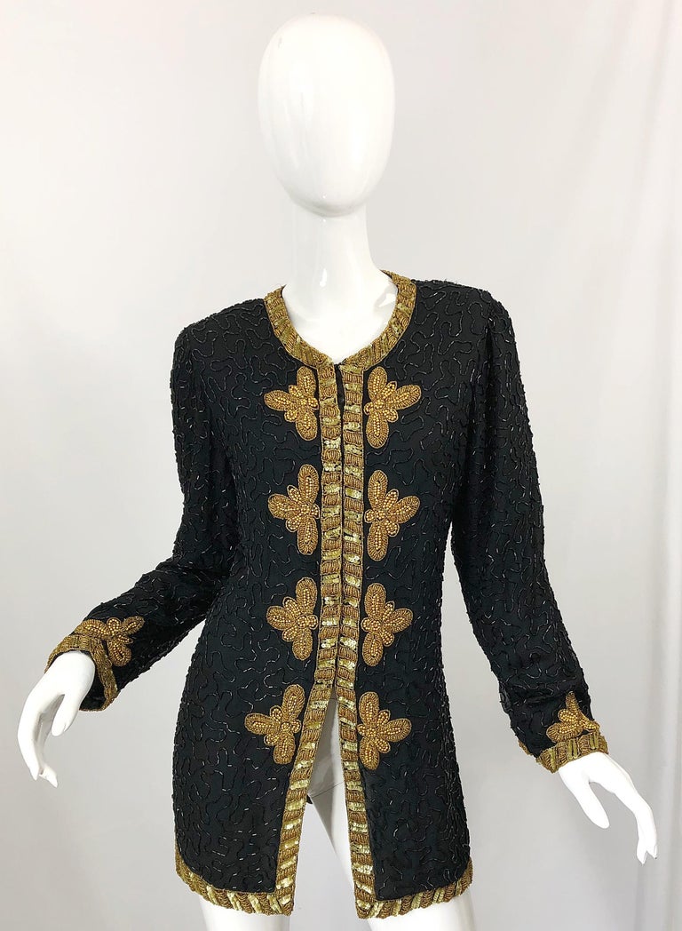 1990s Size Large Black and Gold Beaded Vintage Silk Chiffon 90s Jacket Top For Sale 11