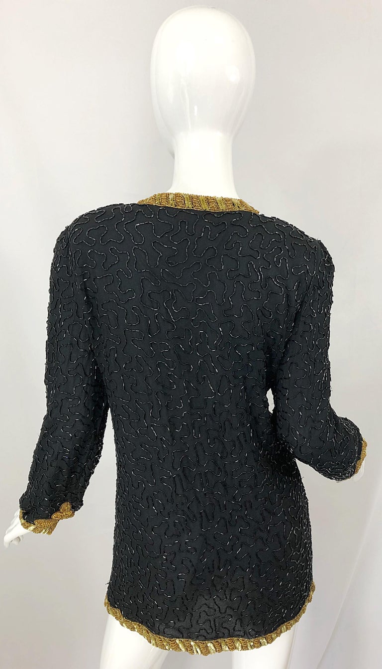 1990s Size Large Black and Gold Beaded Vintage Silk Chiffon 90s Jacket Top In Excellent Condition For Sale In San Diego, CA