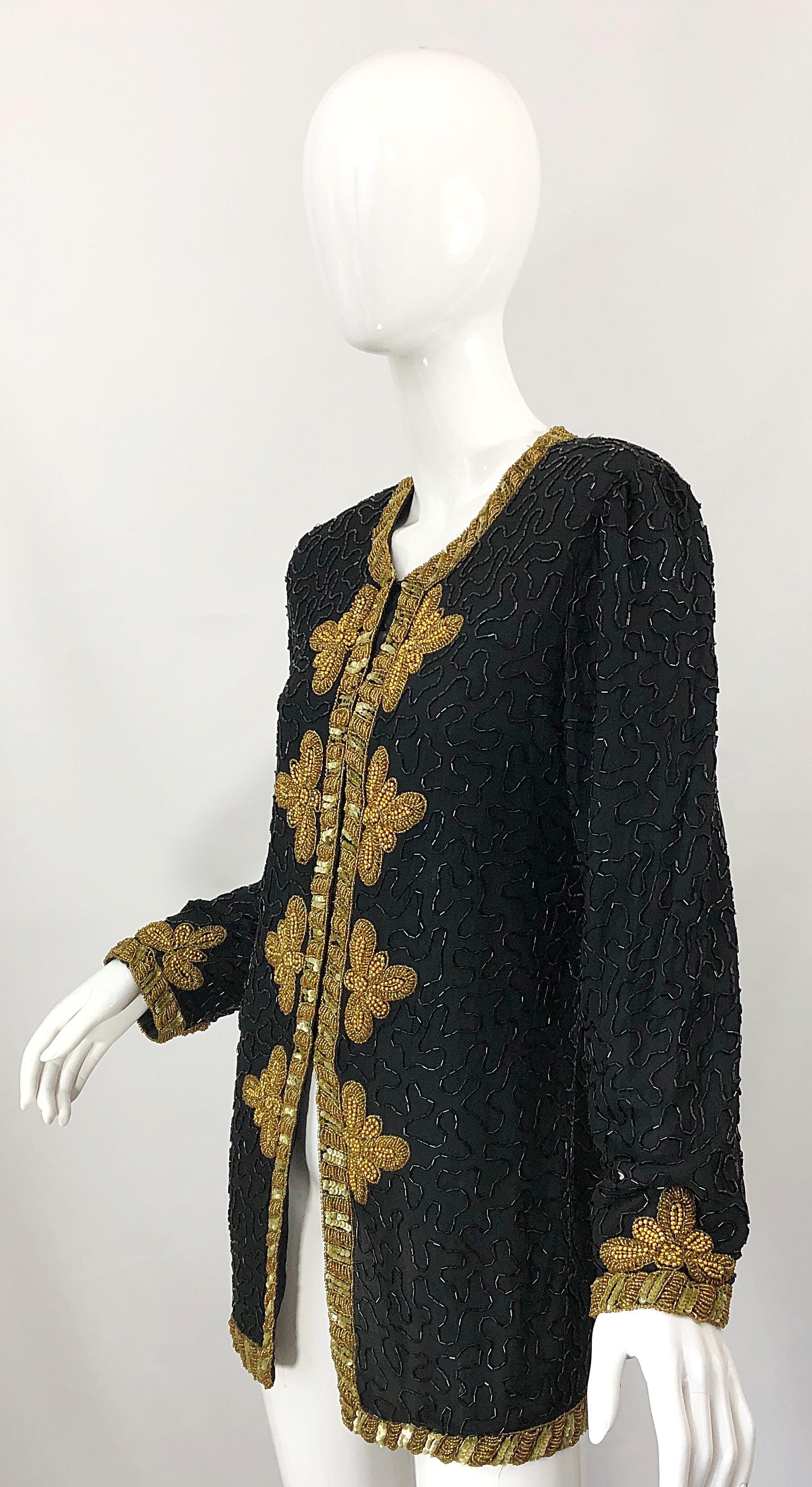 Women's 1990s Size Large Black and Gold Beaded Vintage Silk Chiffon 90s Jacket Top