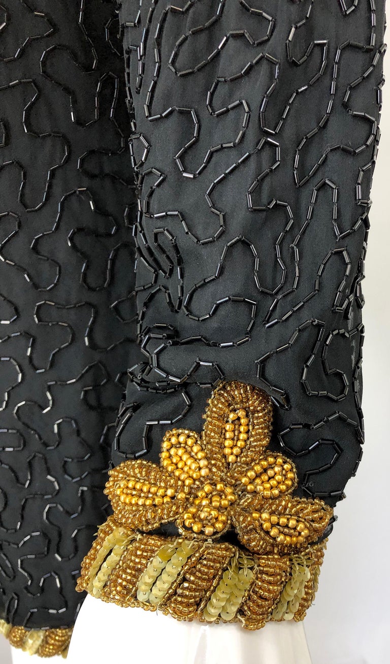 1990s Size Large Black and Gold Beaded Vintage Silk Chiffon 90s Jacket Top For Sale 1