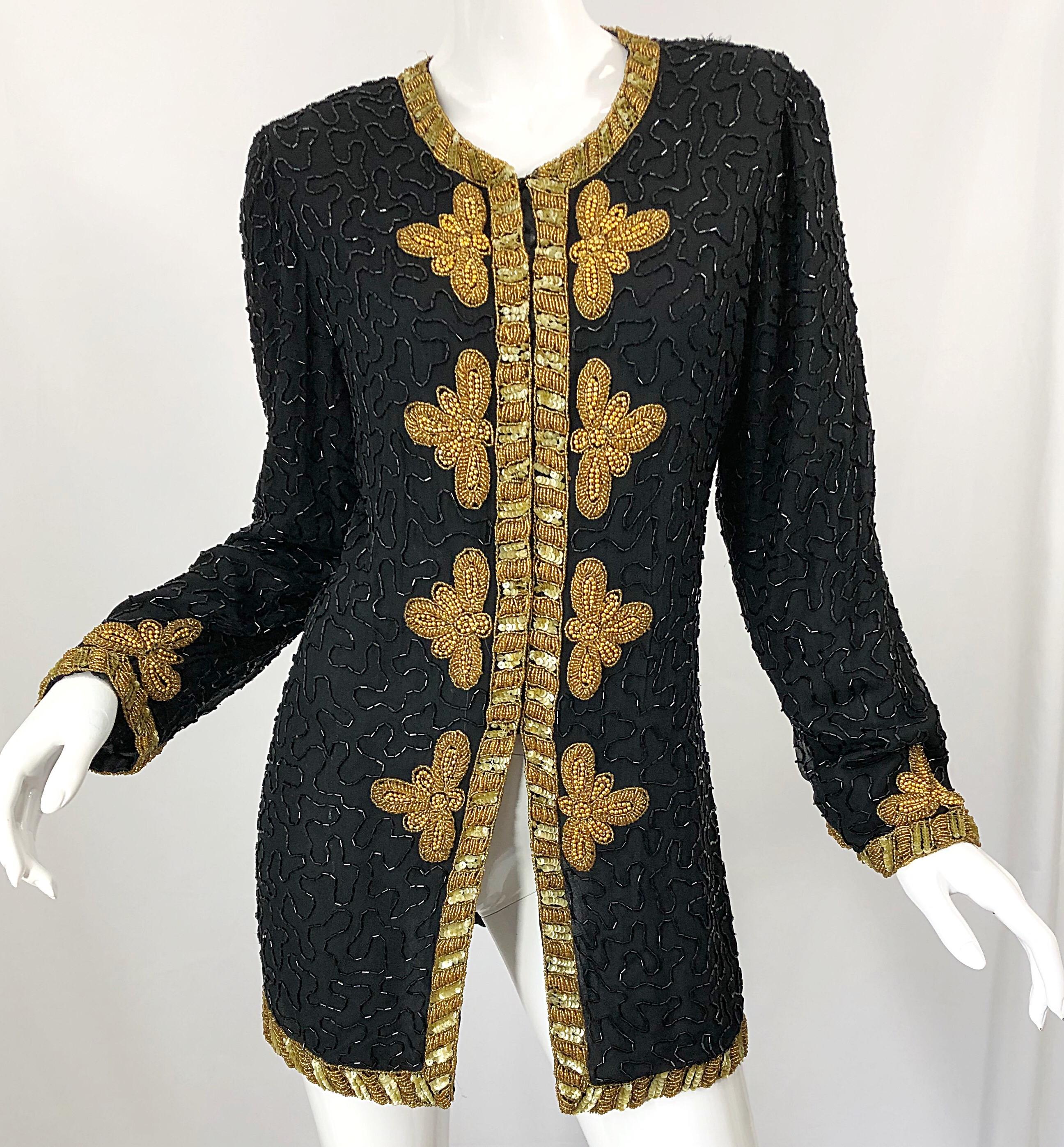 1990s Size Large Black and Gold Beaded Vintage Silk Chiffon 90s Jacket Top 2