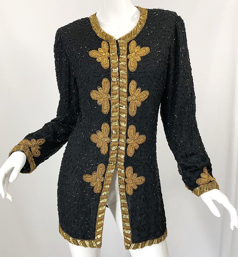 1990s Size Large Black and Gold Beaded Vintage Silk Chiffon 90s Jacket Top For Sale 2