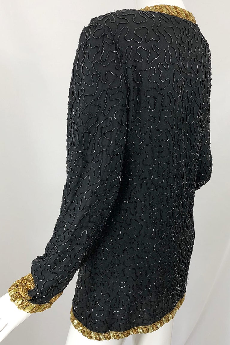 1990s Size Large Black and Gold Beaded Vintage Silk Chiffon 90s Jacket Top For Sale 3