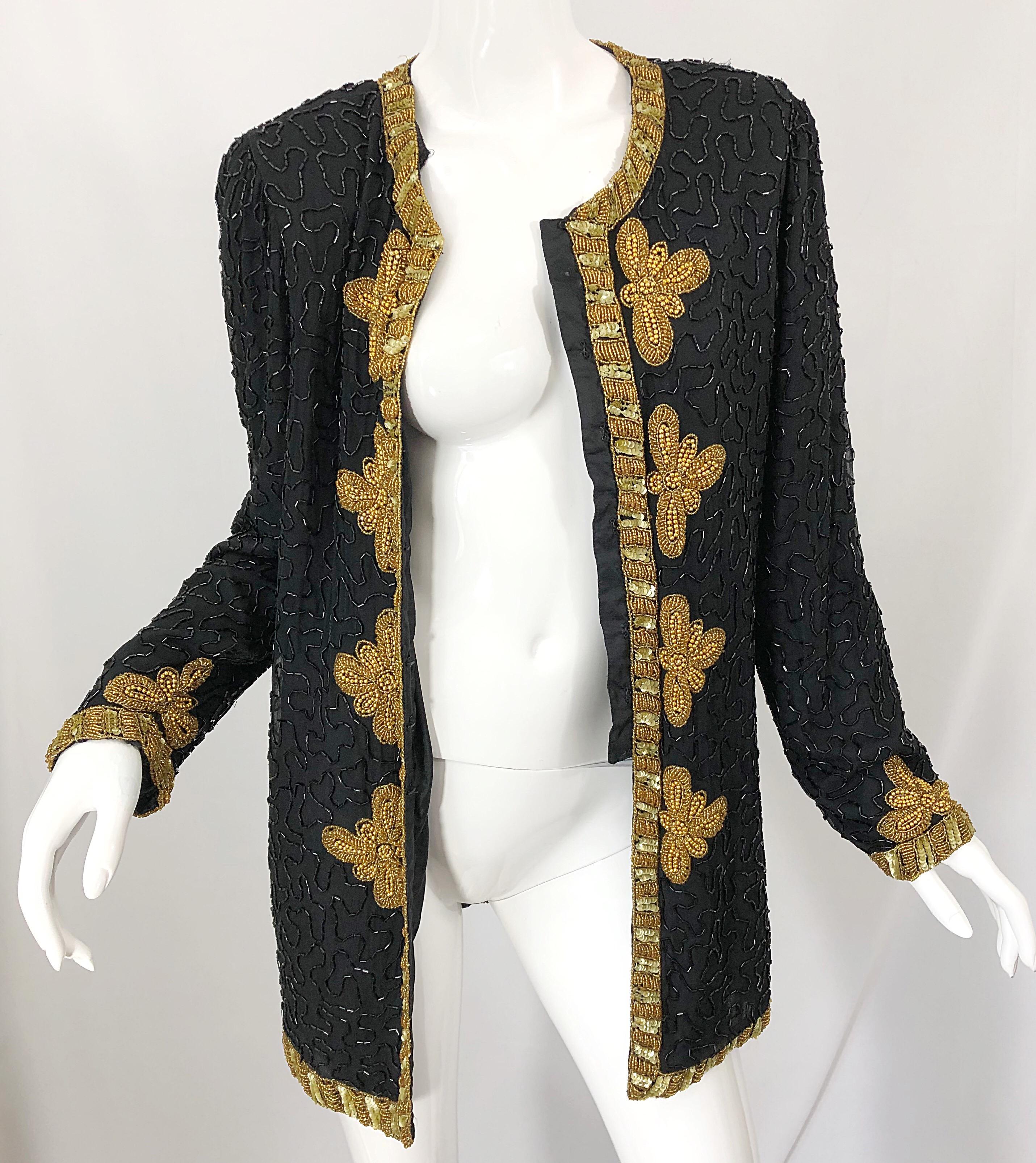 1990s Size Large Black and Gold Beaded Vintage Silk Chiffon 90s Jacket Top 4