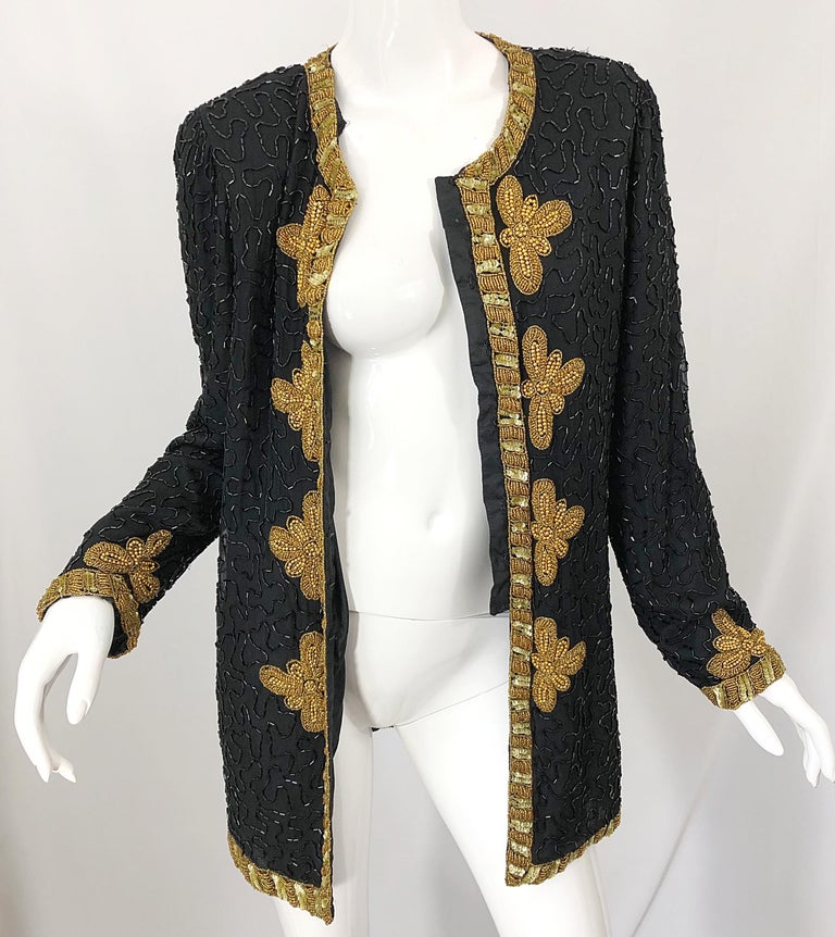 1990s Size Large Black and Gold Beaded Vintage Silk Chiffon 90s Jacket Top For Sale 4