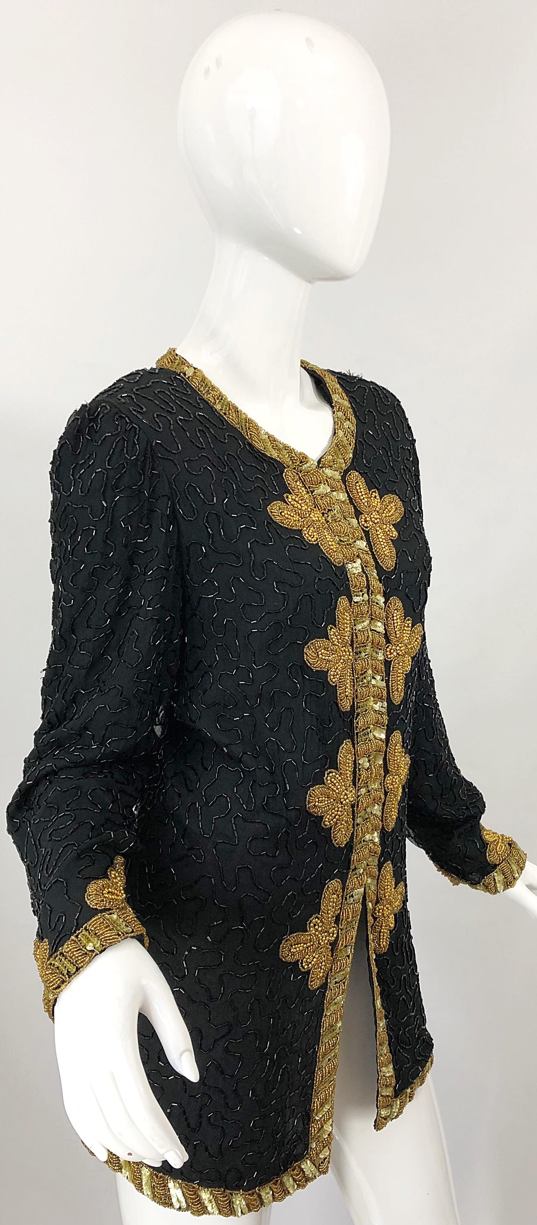 1990s Size Large Black and Gold Beaded Vintage Silk Chiffon 90s Jacket Top 5