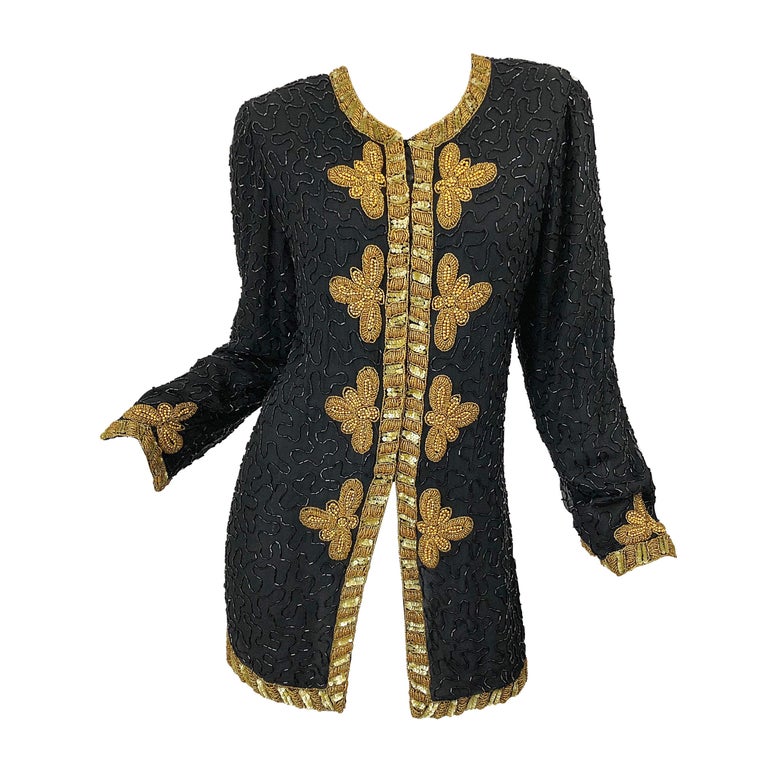 1990s Size Large Black and Gold Beaded Vintage Silk Chiffon 90s Jacket Top For Sale