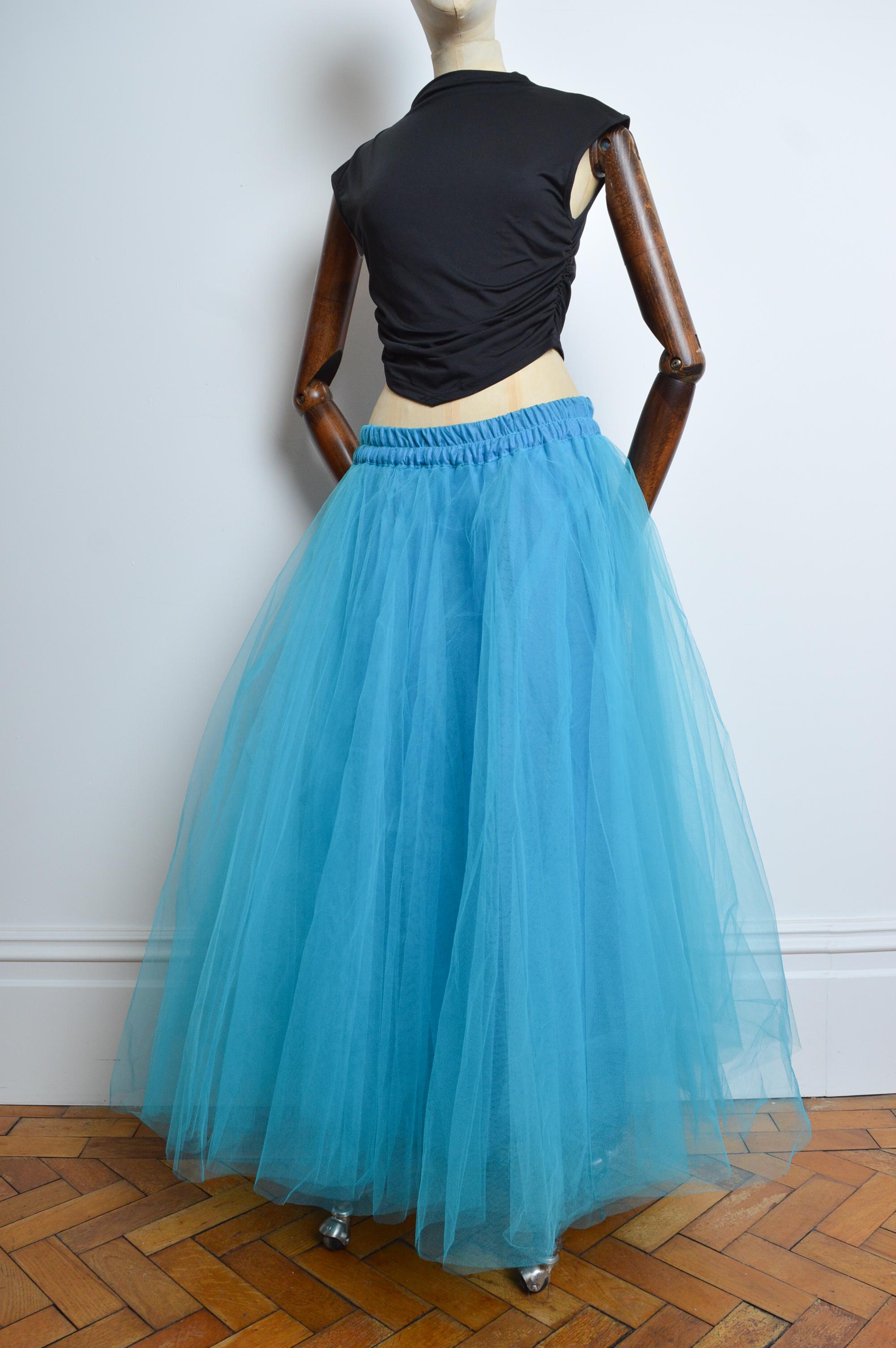 1990’s Sky Blue Huge Tulle Mesh Statement Layered Maxi Skirt by Jeff Gallano For Sale 1