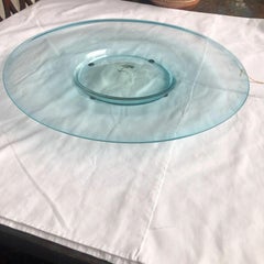 1990s Sky Blue Round Glass Platter – Italian Modern Tabletop with Stand