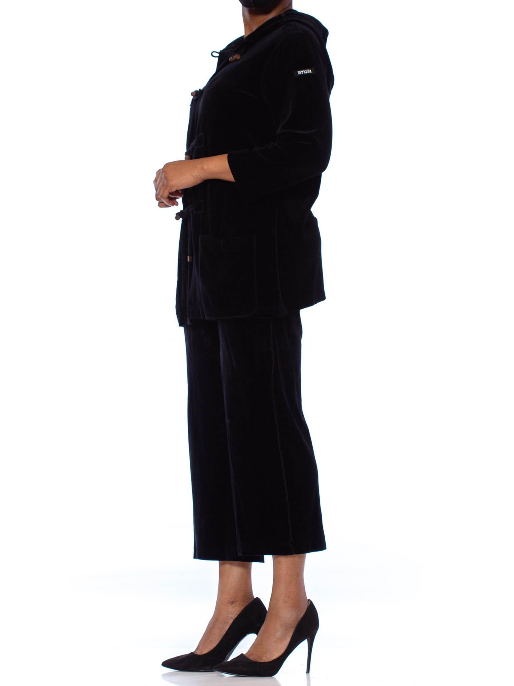 1990S SONIA RYKIEL Black Cotton / Rayon Stretch Velvet Hoodie Pant Suit With Lo In Excellent Condition For Sale In New York, NY