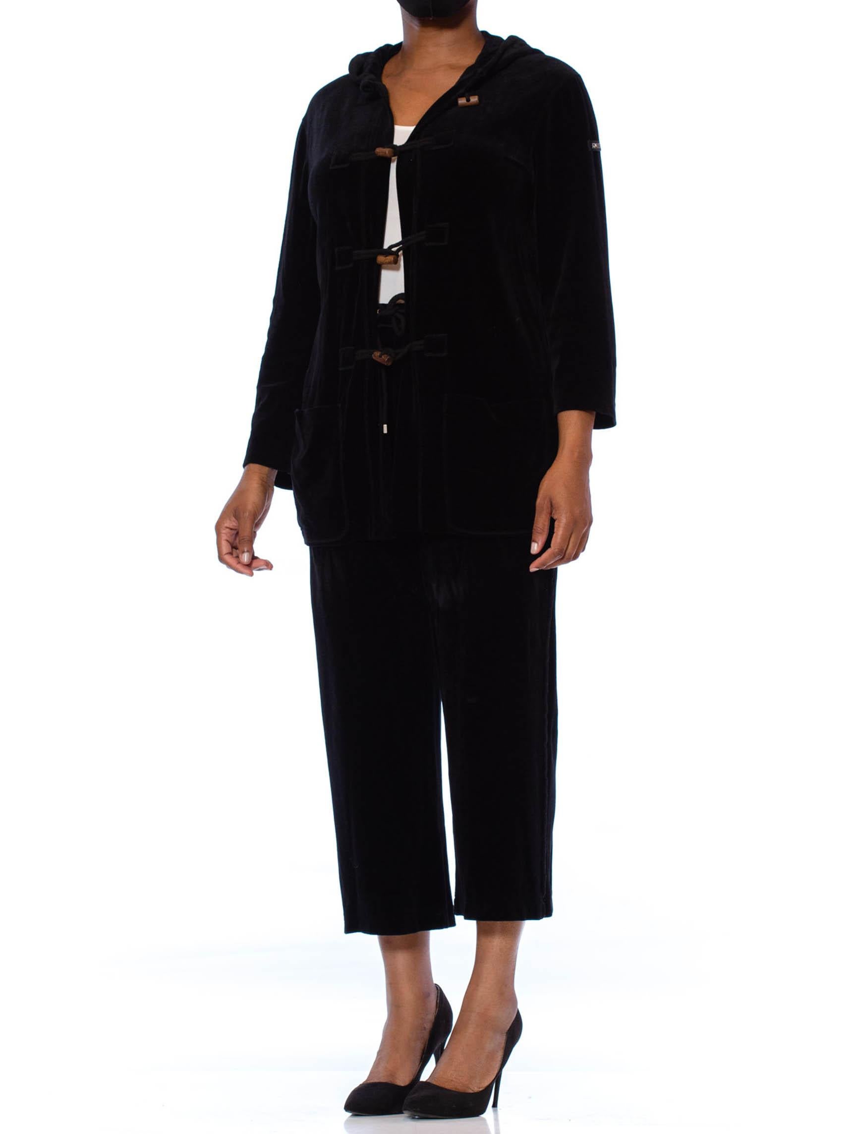 1990S SONIA RYKIEL Black Cotton / Rayon Stretch Velvet Hoodie Pant Suit With Lo For Sale 2