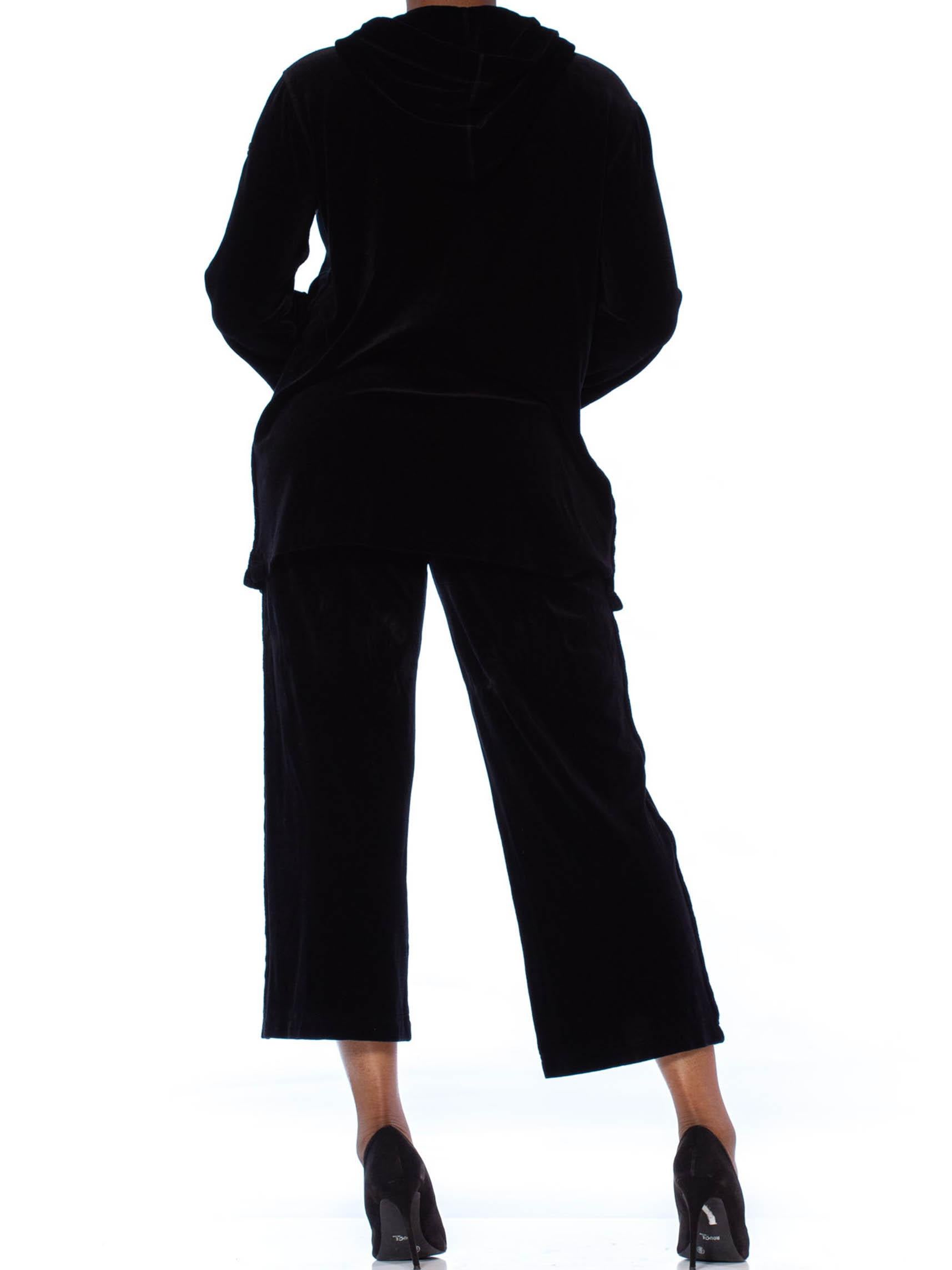 1990S SONIA RYKIEL Black Cotton / Rayon Stretch Velvet Hoodie Pant Suit With Lo For Sale 3