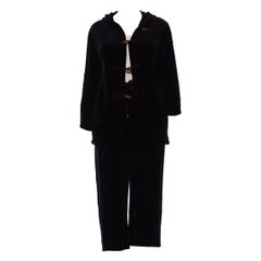 1990S SONIA RYKIEL Black Cotton / Rayon Stretch Velvet Hoodie Pant Suit With Lo