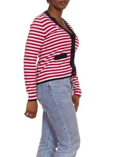 1990S SONIA RYKIEL Fushia Navy & White Cotton Knit Striped Cardigan