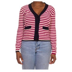 Cardigan rayé en tricot de coton bleu marine et blanc SONIA RYKIEL, années 1990