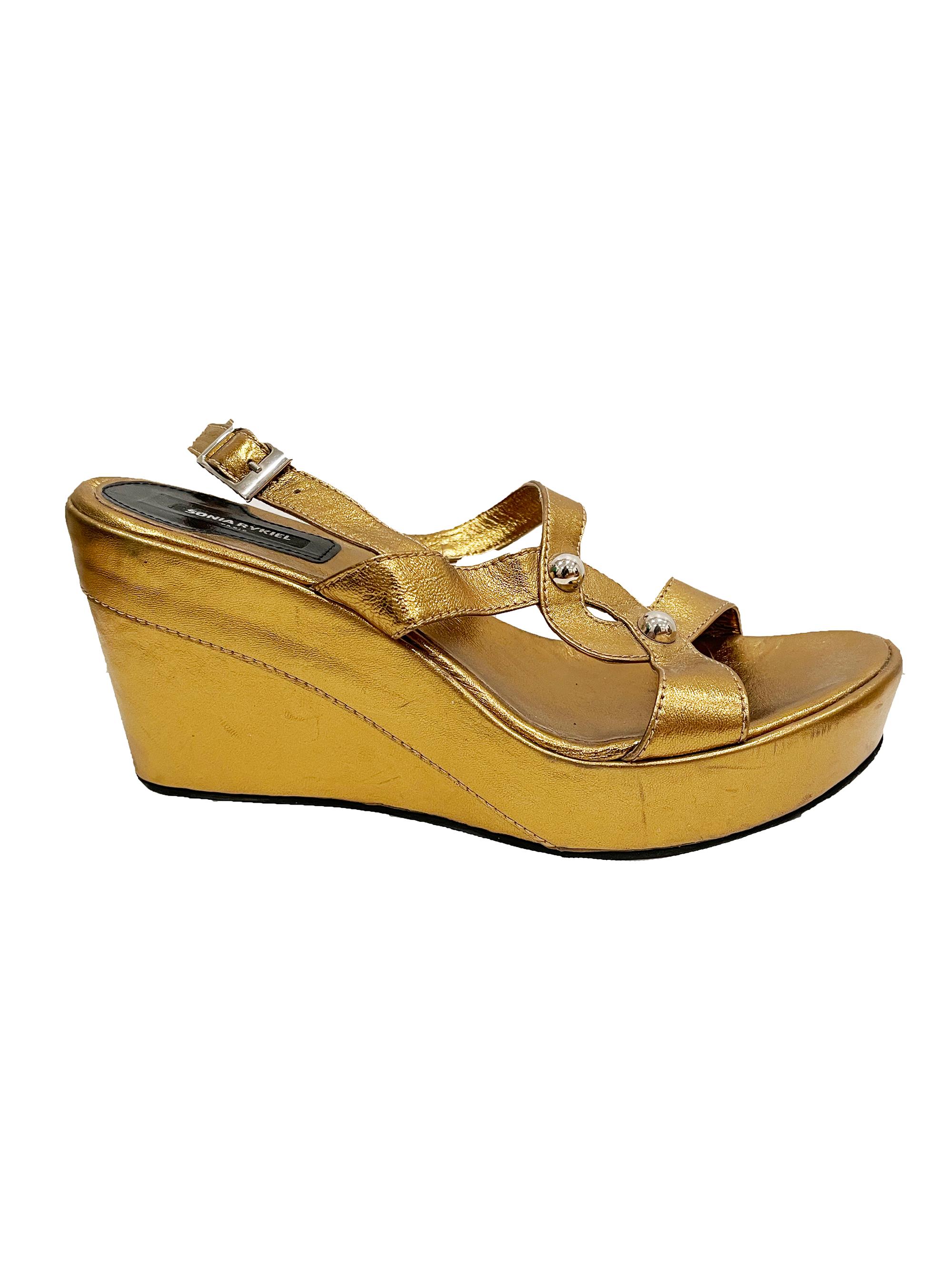 Brown 1990s Sonia Rykiel Gold Wedge Sandals For Sale