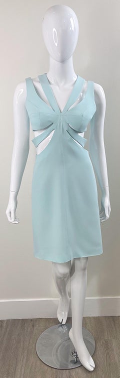 1990er Sophie Siabon Größe 38 Hellblaues Vintage Sexy Kleid mit Ausschnitt und Käfig 90er