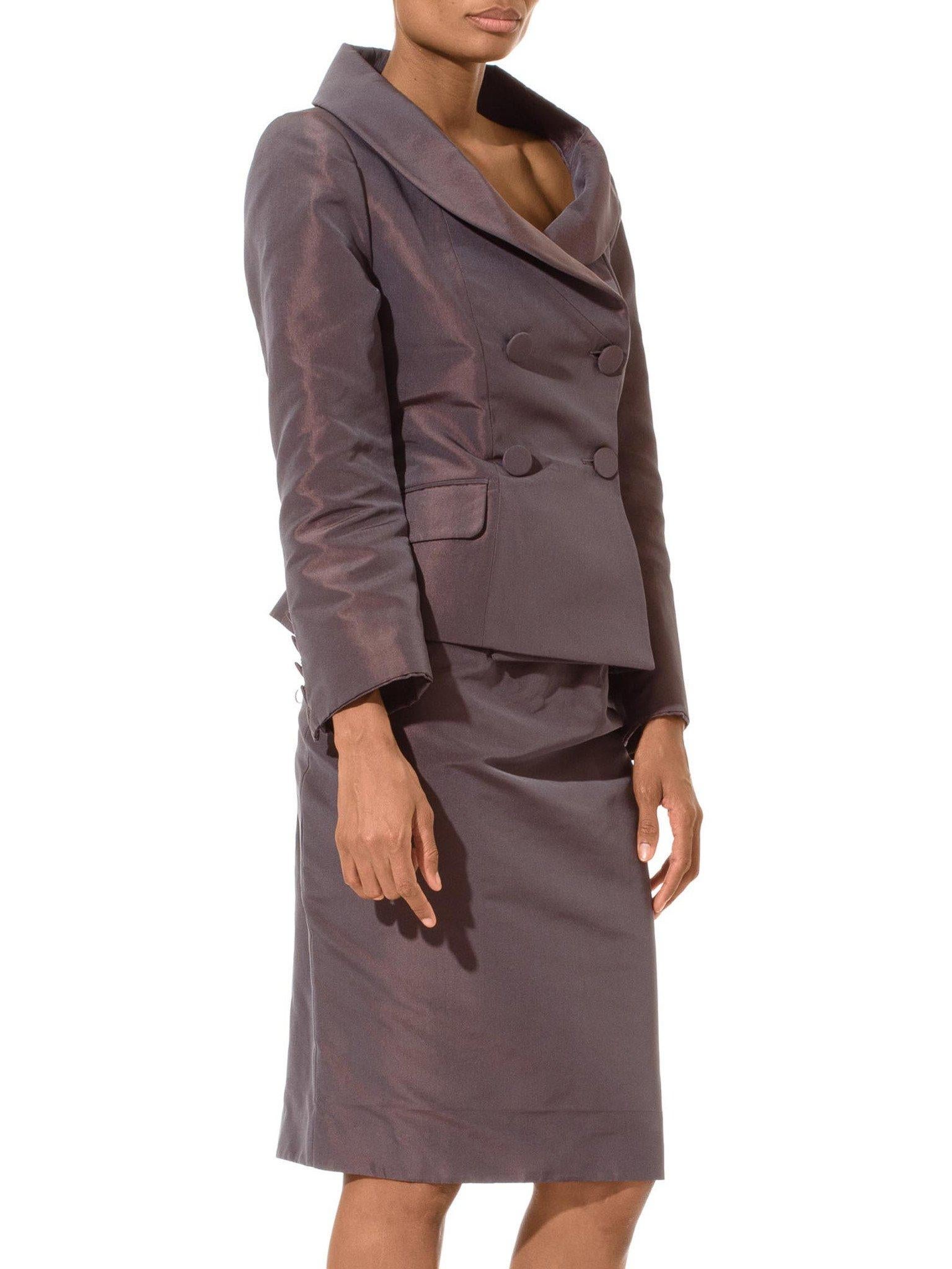 1990'S SOPHIE SITBON Dark Grey Polyester & Silk Iridescent Shawl Collar Mini Sk In Excellent Condition In New York, NY