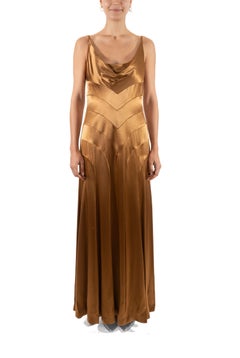 1990S Sophie Sitbon Golden Brown Rayon Satin Old Hollywood 1930S Style Gown L