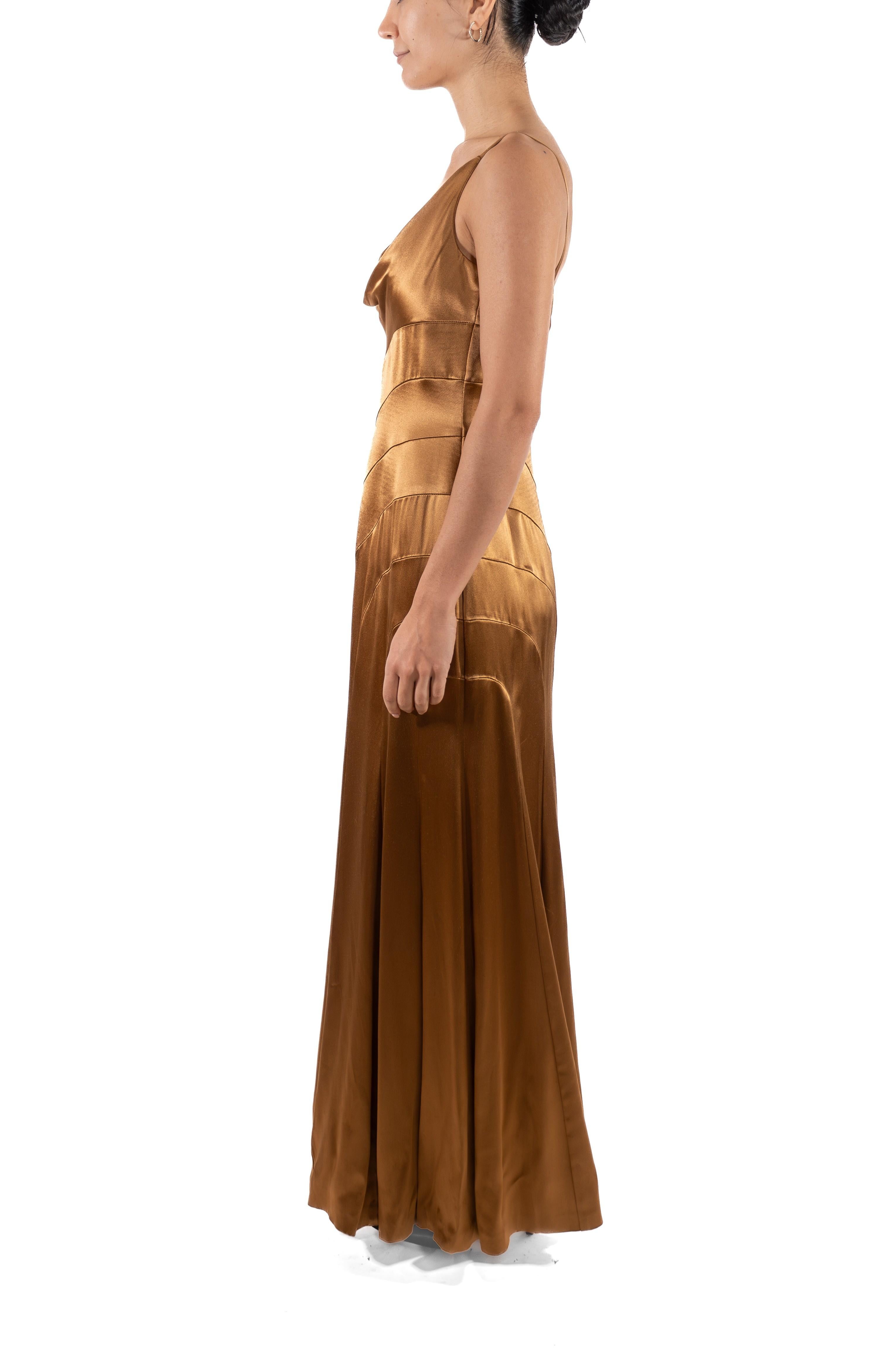 1990S Sophie Sitbon Golden Brown Rayon Satin Old Hollywood 1930S Style Gown L In Good Condition For Sale In New York, NY