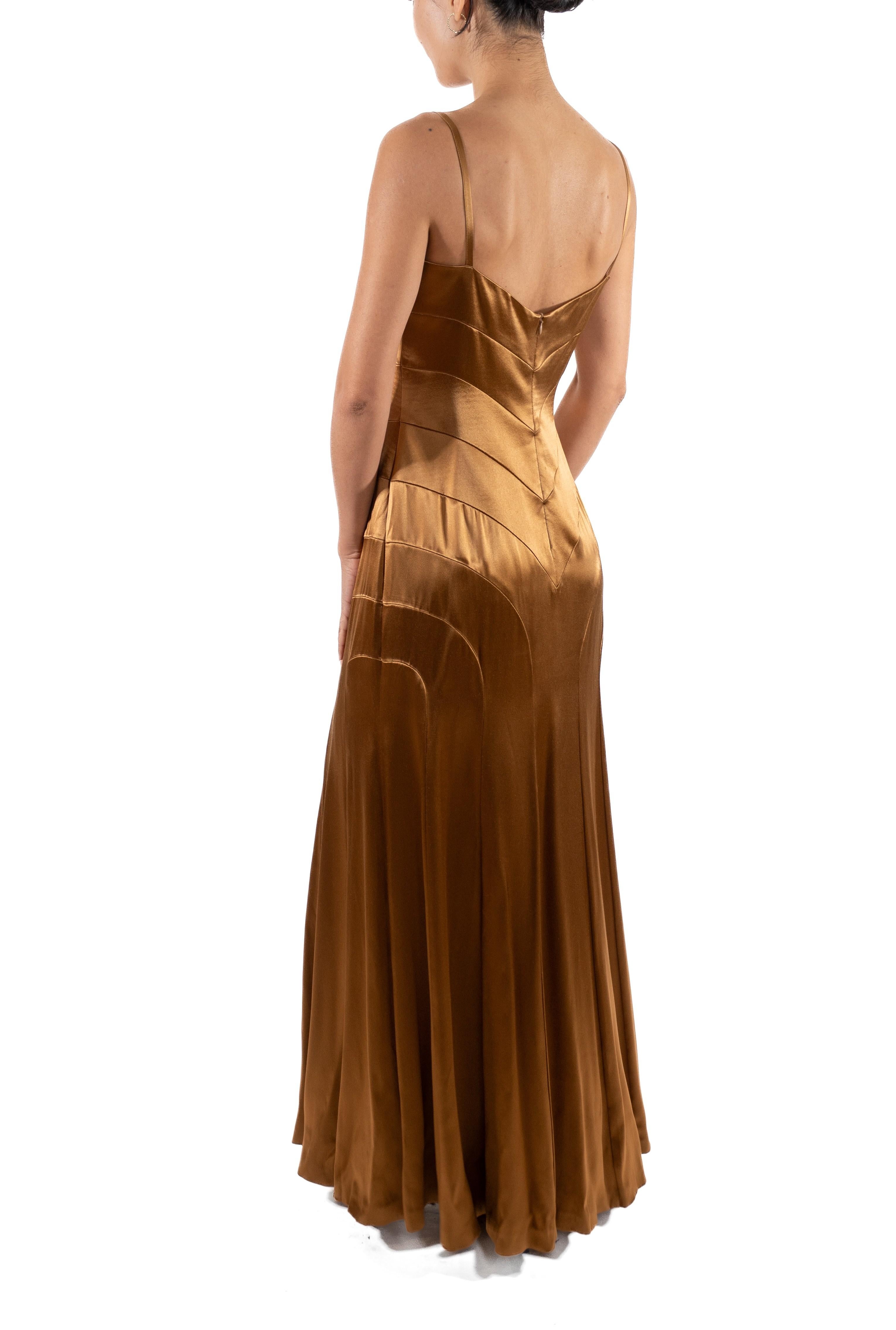 Women's 1990S Sophie Sitbon Golden Brown Rayon Satin Old Hollywood 1930S Style Gown L For Sale