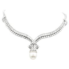Retro 1990's South Sea Pearl 27.30cts Diamond Platinum Dangle Necklace