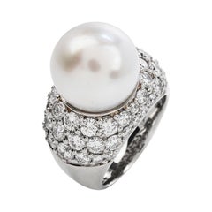 1990's South Sea Pearl 3.97ct Diamond Platinum Cluster Cocktail Ring