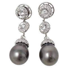 1990s South Sea Pearl, Diamond and 18K White Gold Drop Earrings